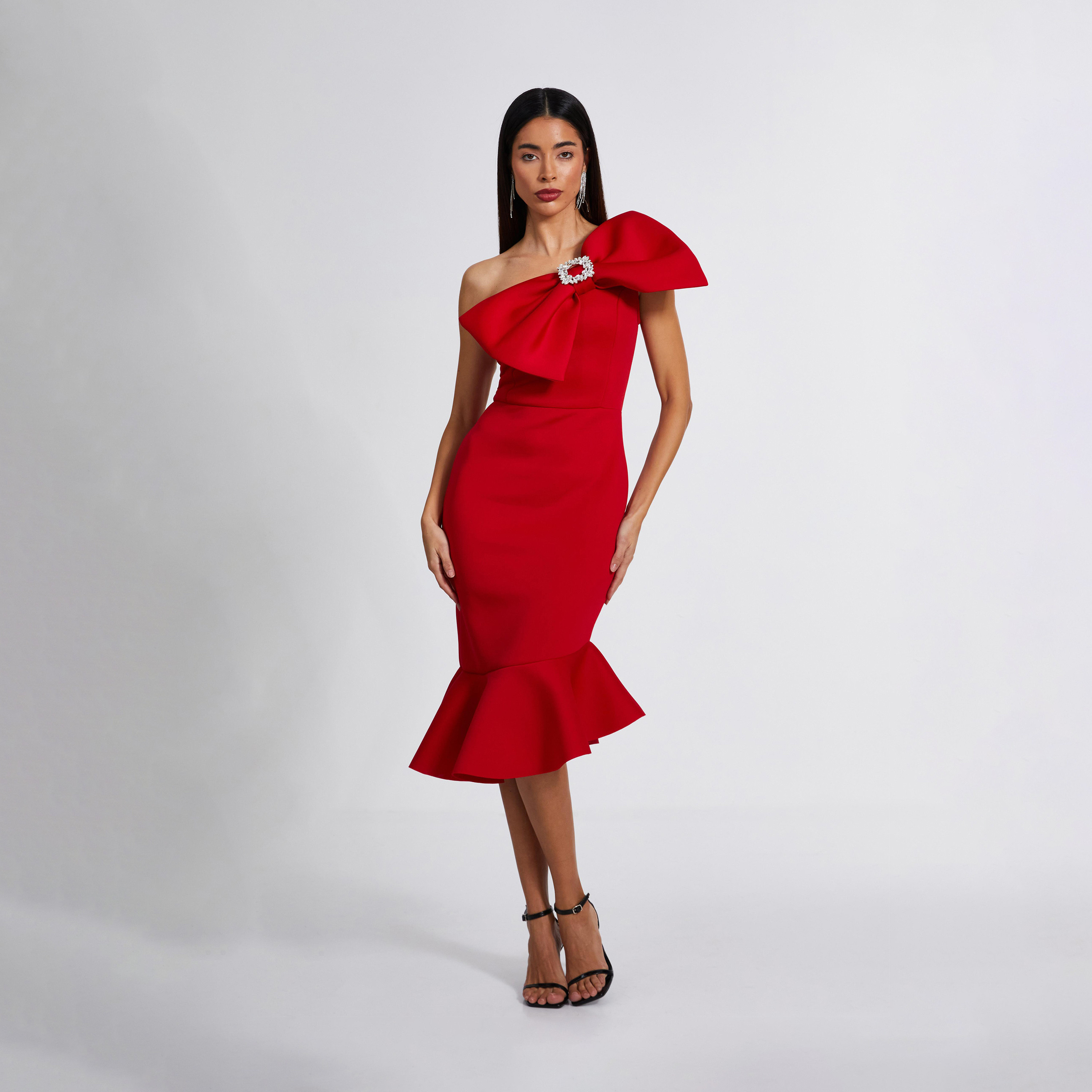 Quiz Red Scuba One Shoulder Bow Frill Midi Dress-women-clothing-dresses-image-1