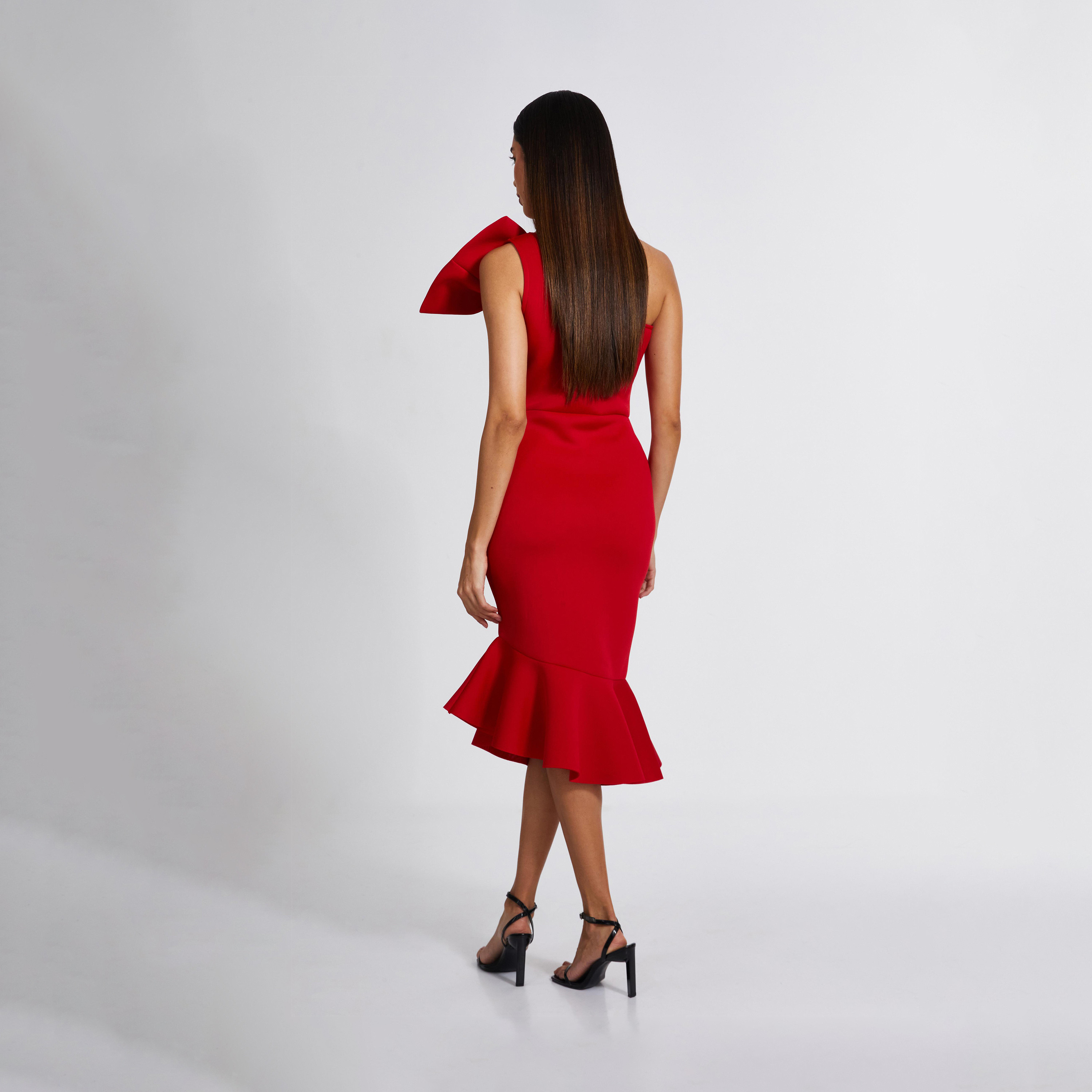 Quiz Red Scuba One Shoulder Bow Frill Midi Dress-women-clothing-dresses-image-2
