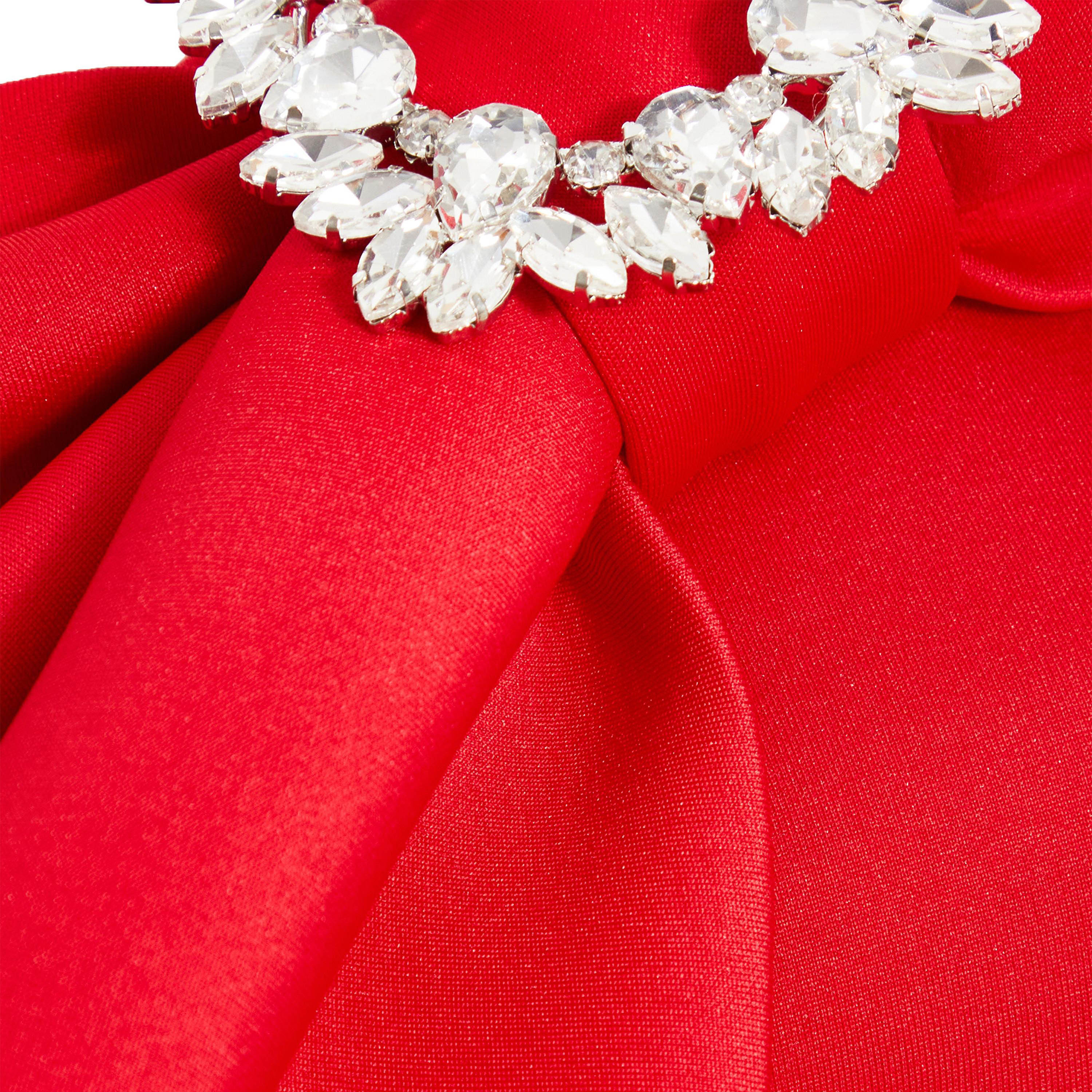 كويز-  فستان متوسط ​​الطول أحمر بكتف واحد وفيونكة وكشكشة-women-clothing-dresses-image-4