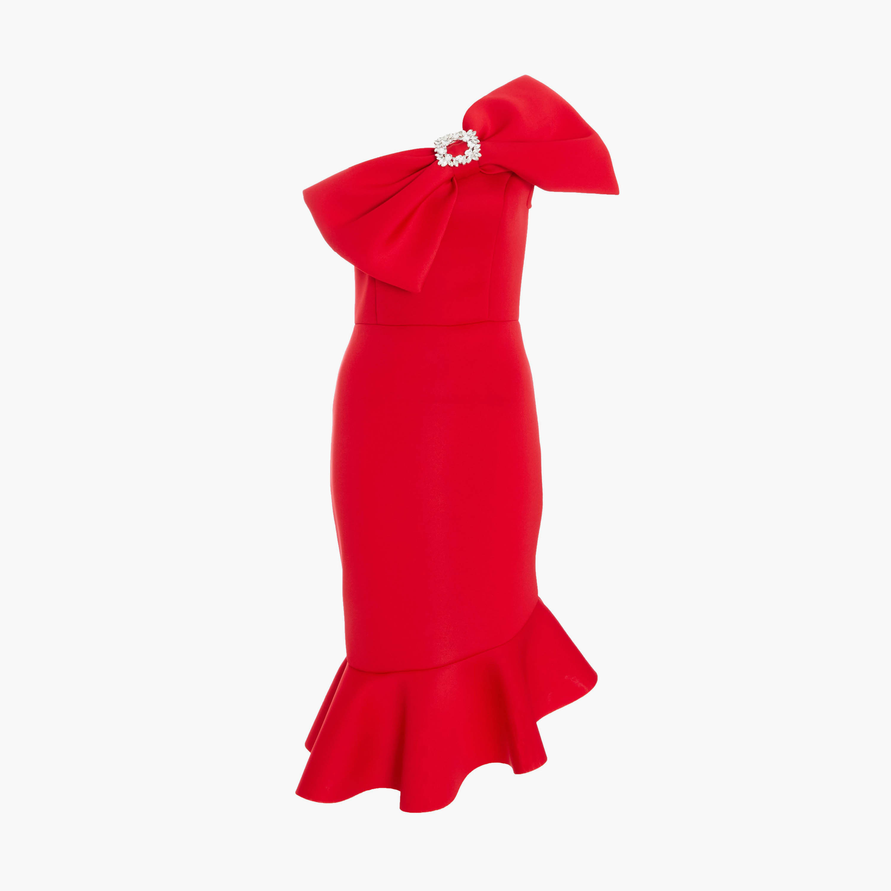 Quiz Red Scuba One Shoulder Bow Frill Midi Dress-women-clothing-dresses-image-5