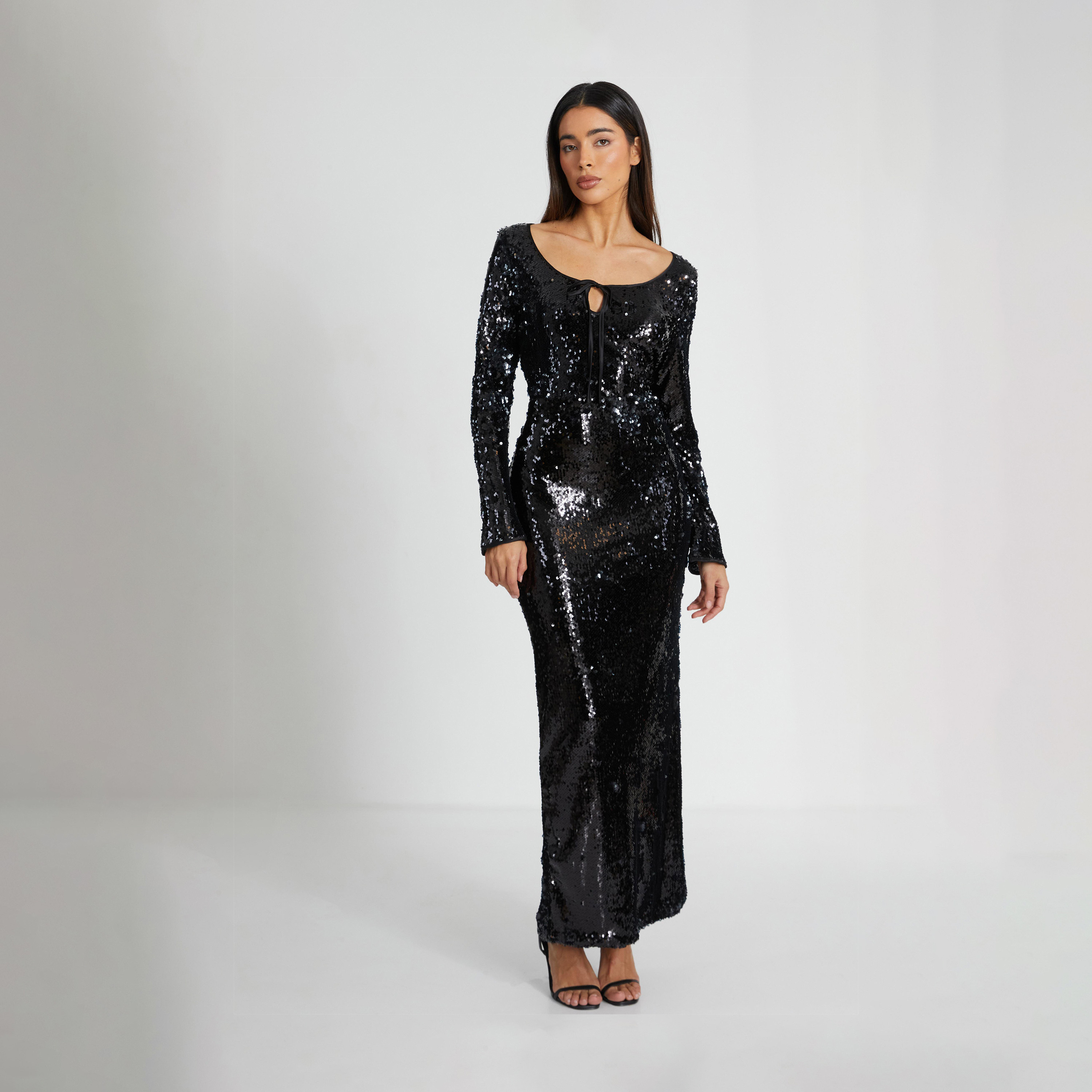 Quiz Black Sequin Tie Front Maxi Evening Dress-women-clothing-dresses-image-1