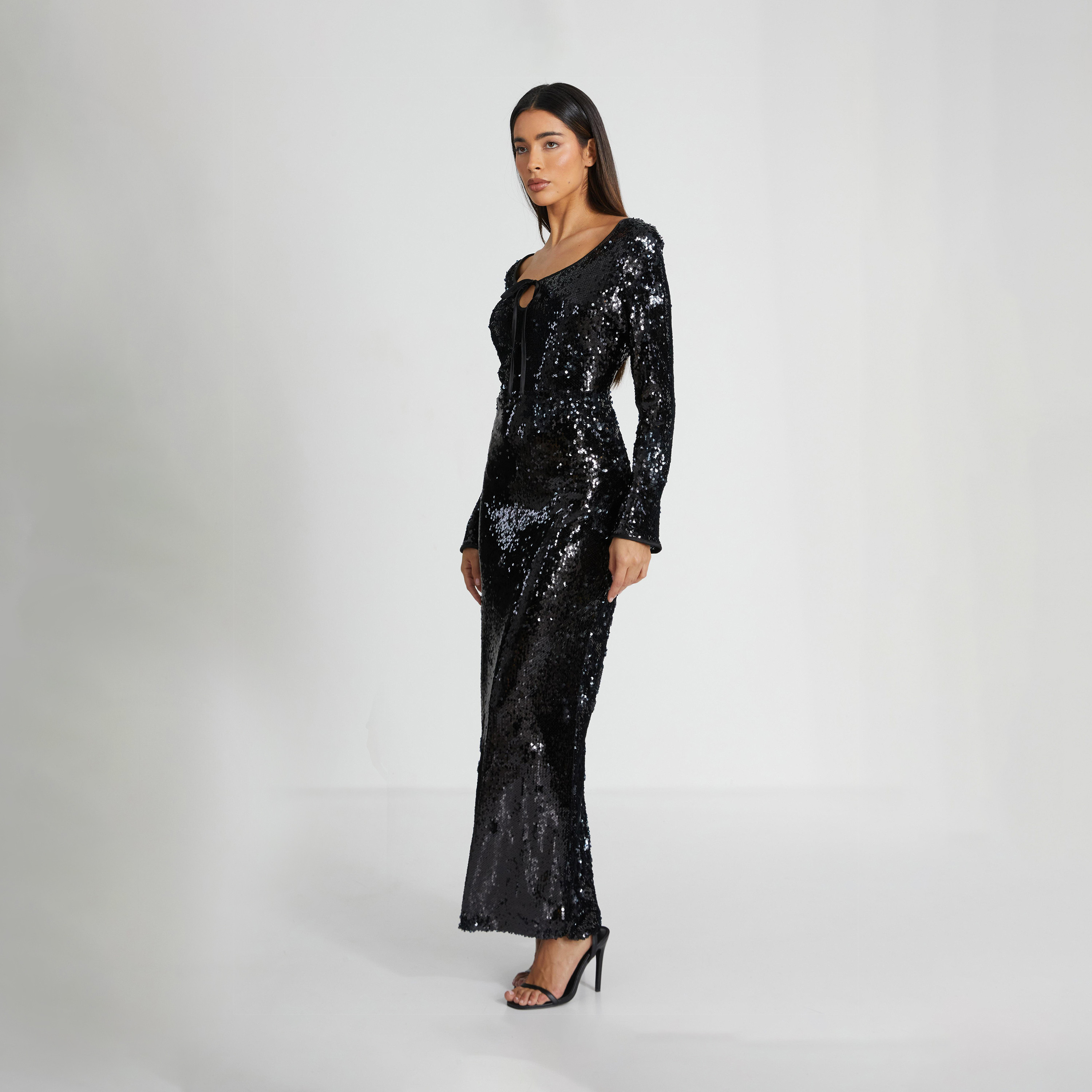 Quiz Black Sequin Tie Front Maxi Evening Dress-women-clothing-dresses-image-3