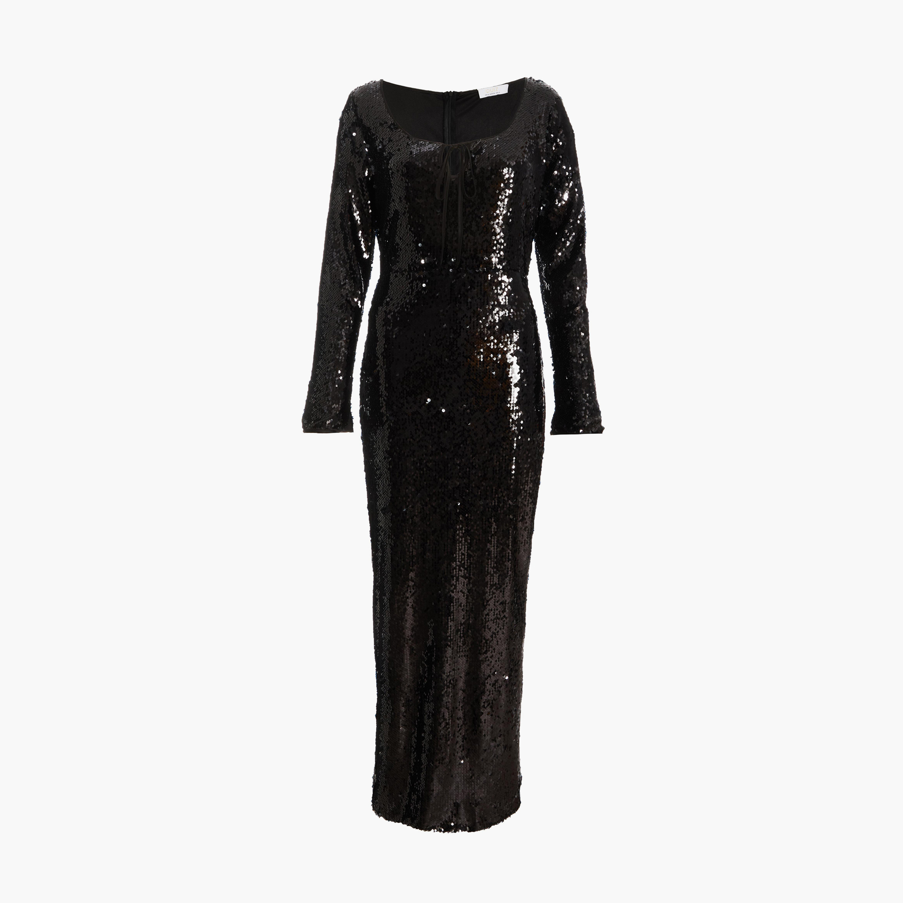 Quiz Black Sequin Tie Front Maxi Evening Dress-women-clothing-dresses-image-5