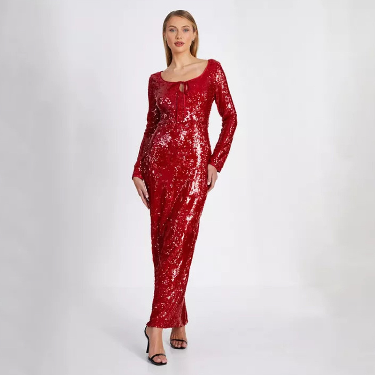 كويز-  فستان سهرة ماكسي أحمر برباط أمامي وفيونكة وكشكشة-women-clothing-dresses-image-1