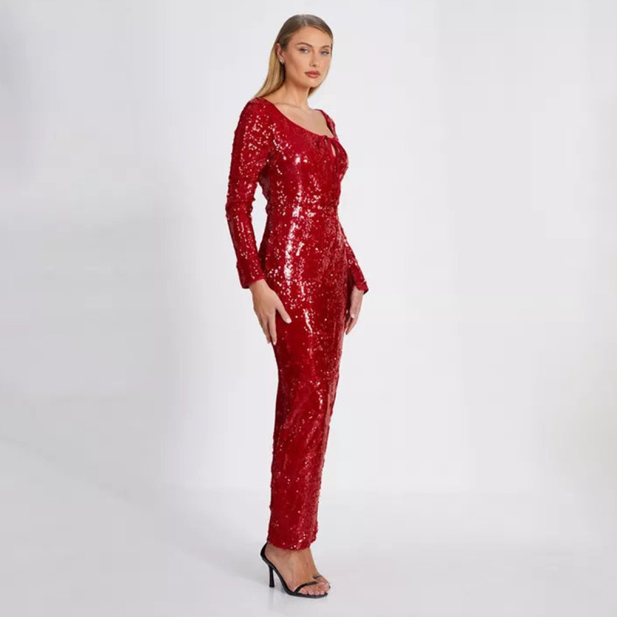 Quiz Red Sequin Tie Front Maxi Evening Dress-women-clothing-dresses-image-2