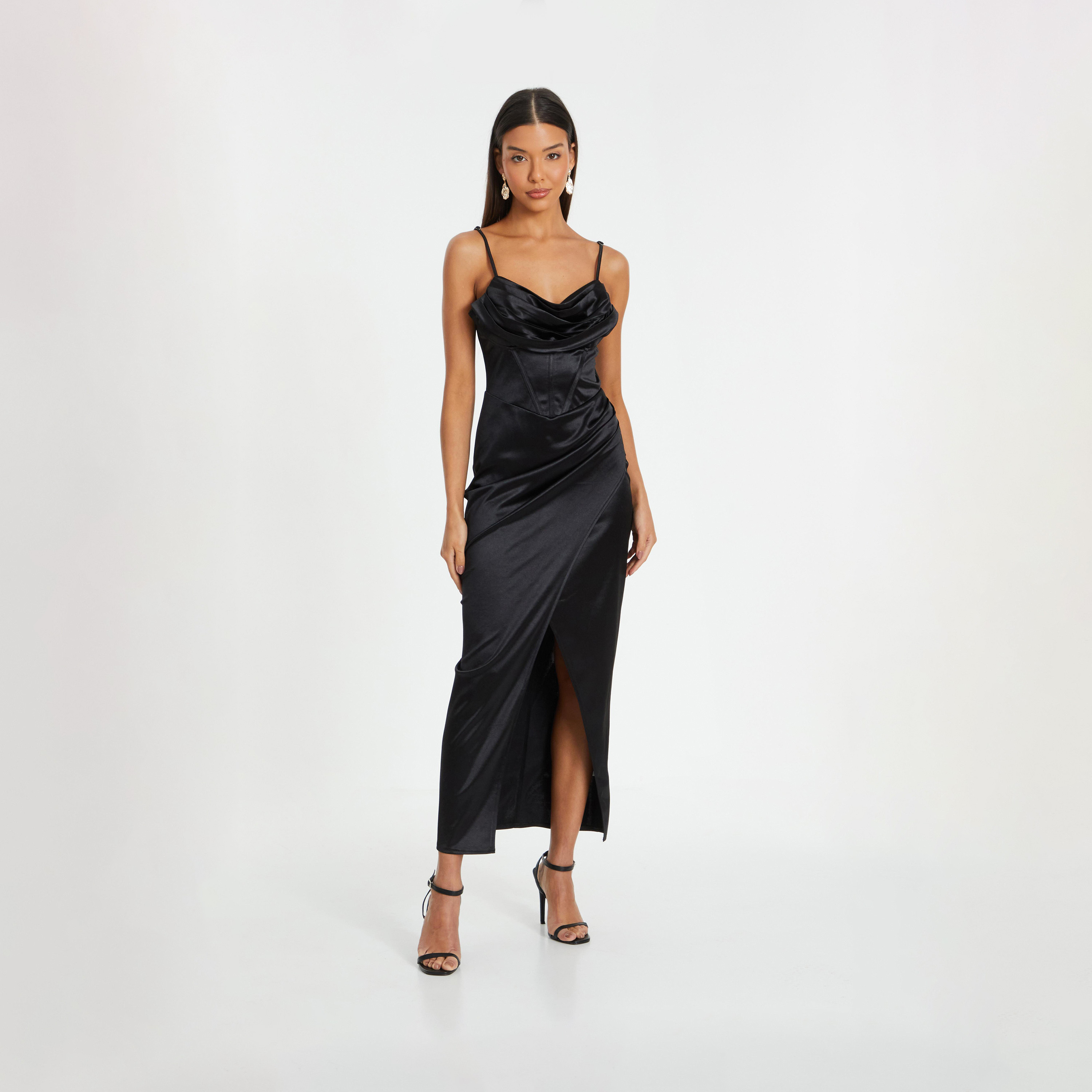 كويز- فستان سهرة ميدي متوسط ​​الطول ملفوف بكورسيه أمامي أسود-women-clothing-dresses-image-1