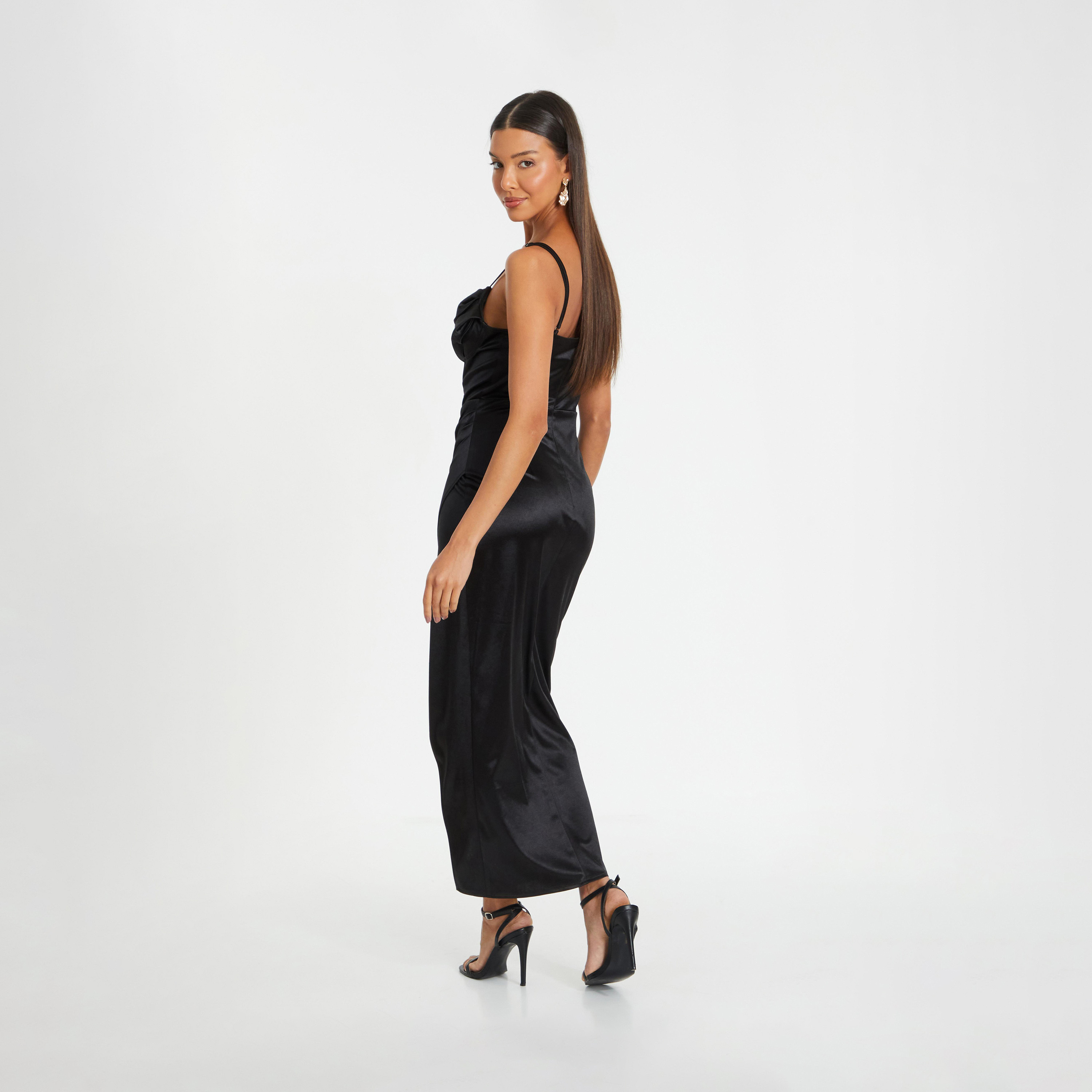 كويز- فستان سهرة ميدي متوسط ​​الطول ملفوف بكورسيه أمامي أسود-women-clothing-dresses-image-2