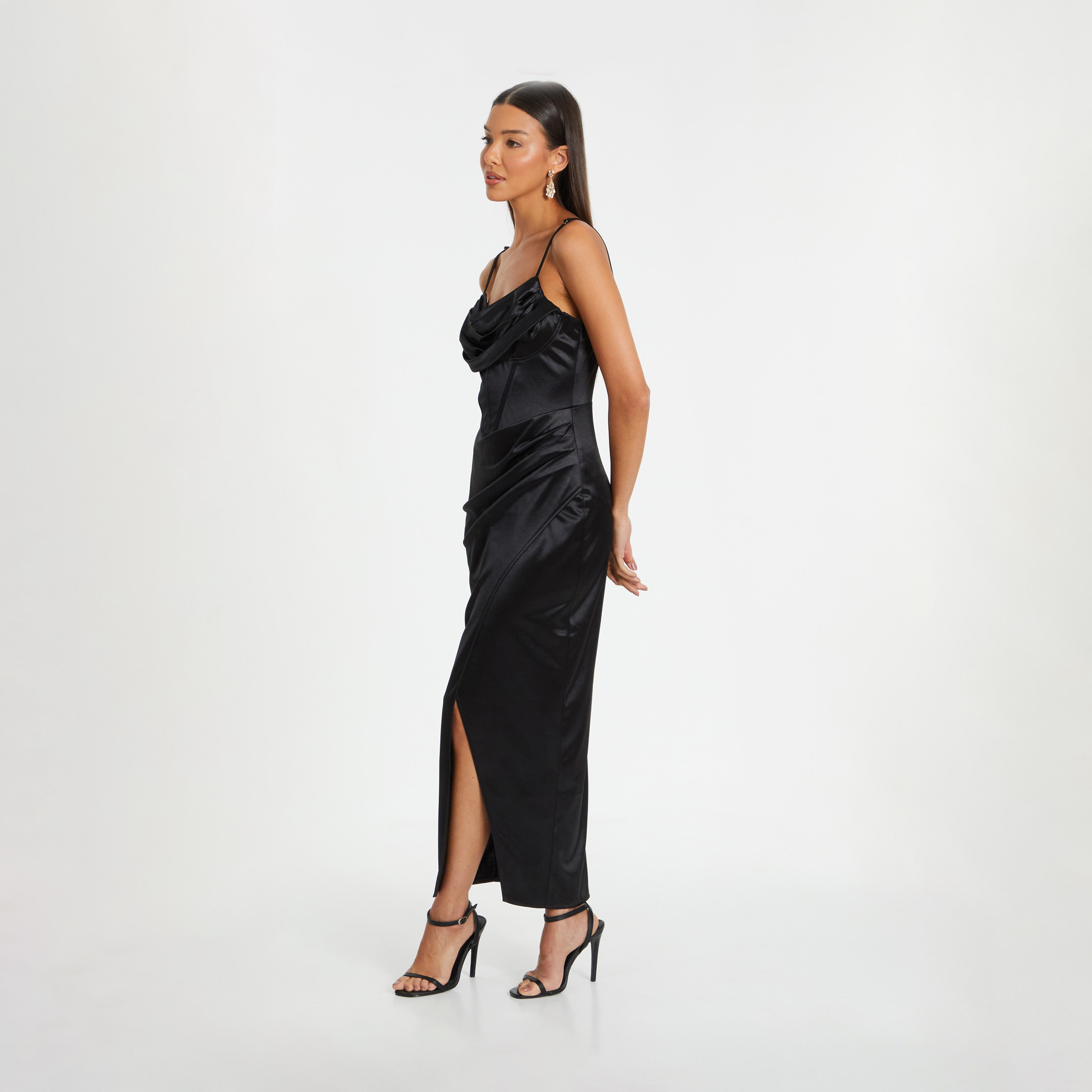 كويز- فستان سهرة ميدي متوسط ​​الطول ملفوف بكورسيه أمامي أسود-women-clothing-dresses-image-3