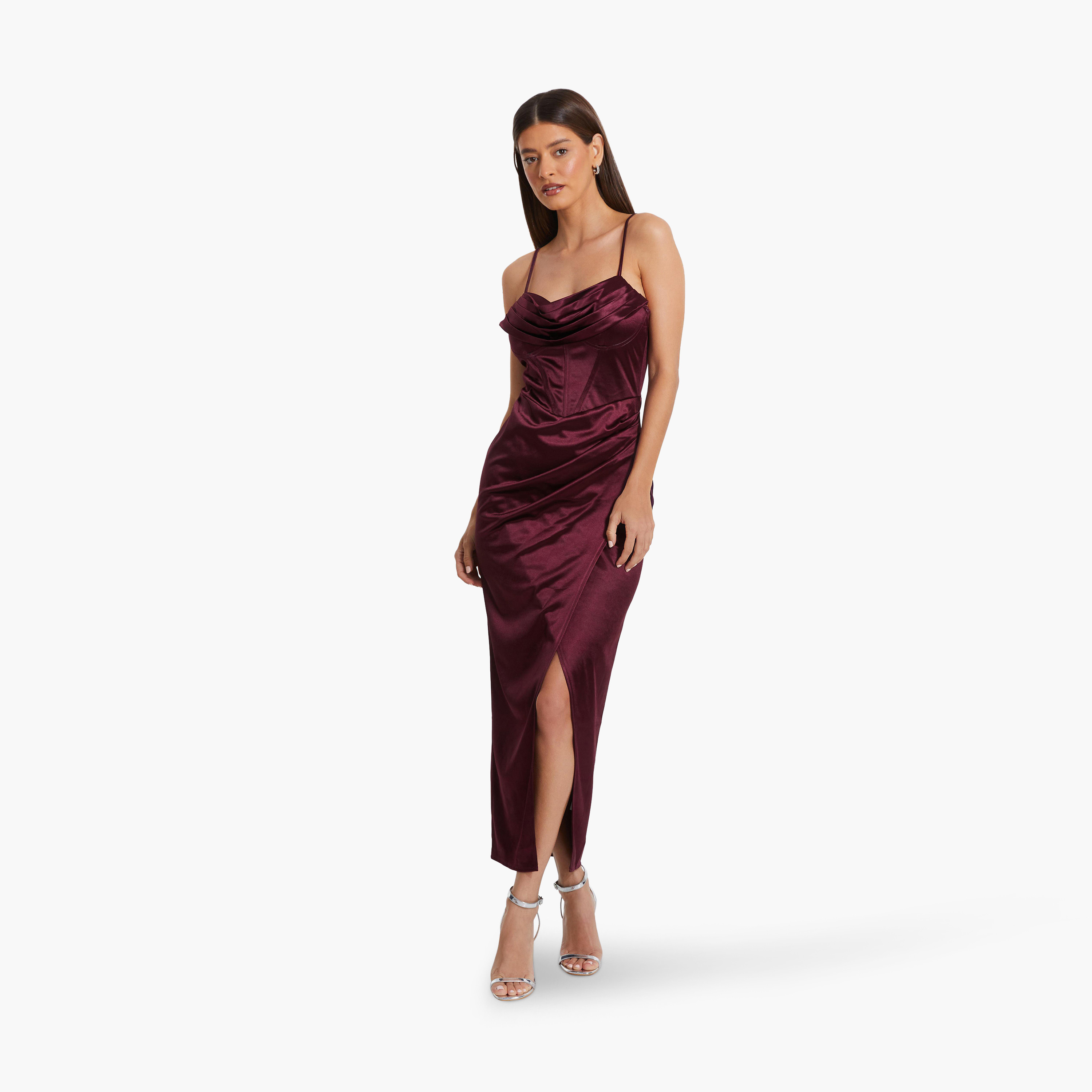 كويز- فستان سهرة ميدي بقصّة باردو من قماش الكريب باللون النبيذي مع تفاصيل مشد من الأمام-women-clothing-dresses-image-1