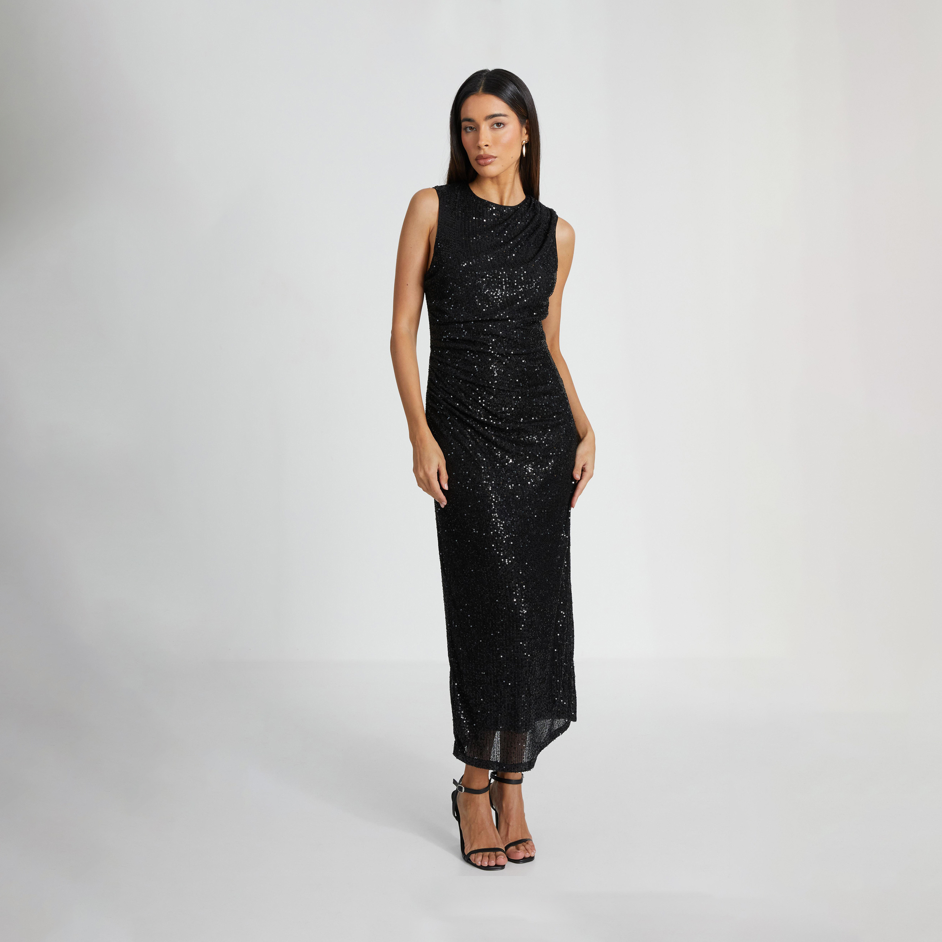 Quiz Black Round Neck Sleeveless Sequin Midaxi Ruched Side Evening Dress-women-clothing-dresses-image-1