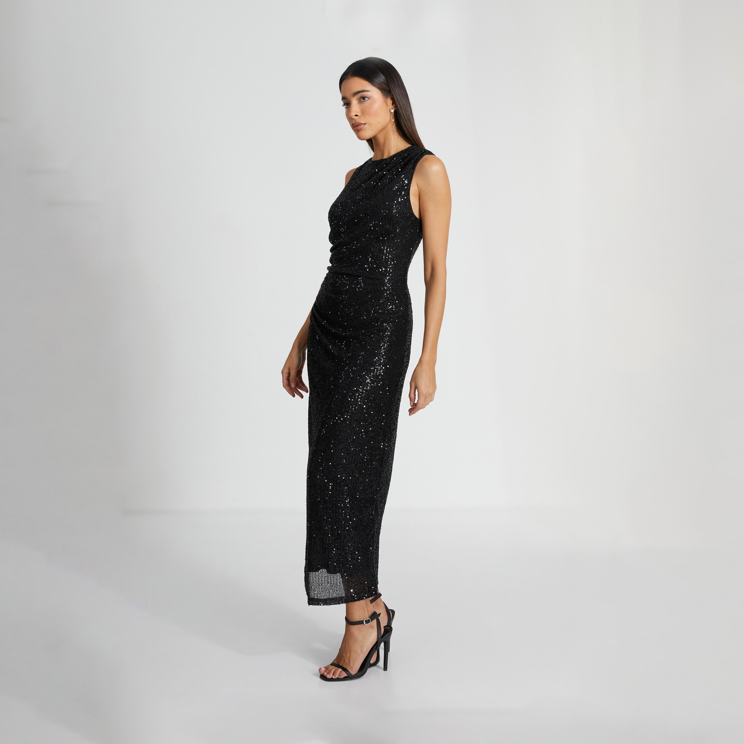 Quiz Black Round Neck Sleeveless Sequin Midaxi Ruched Side Evening Dress-women-clothing-dresses-image-3