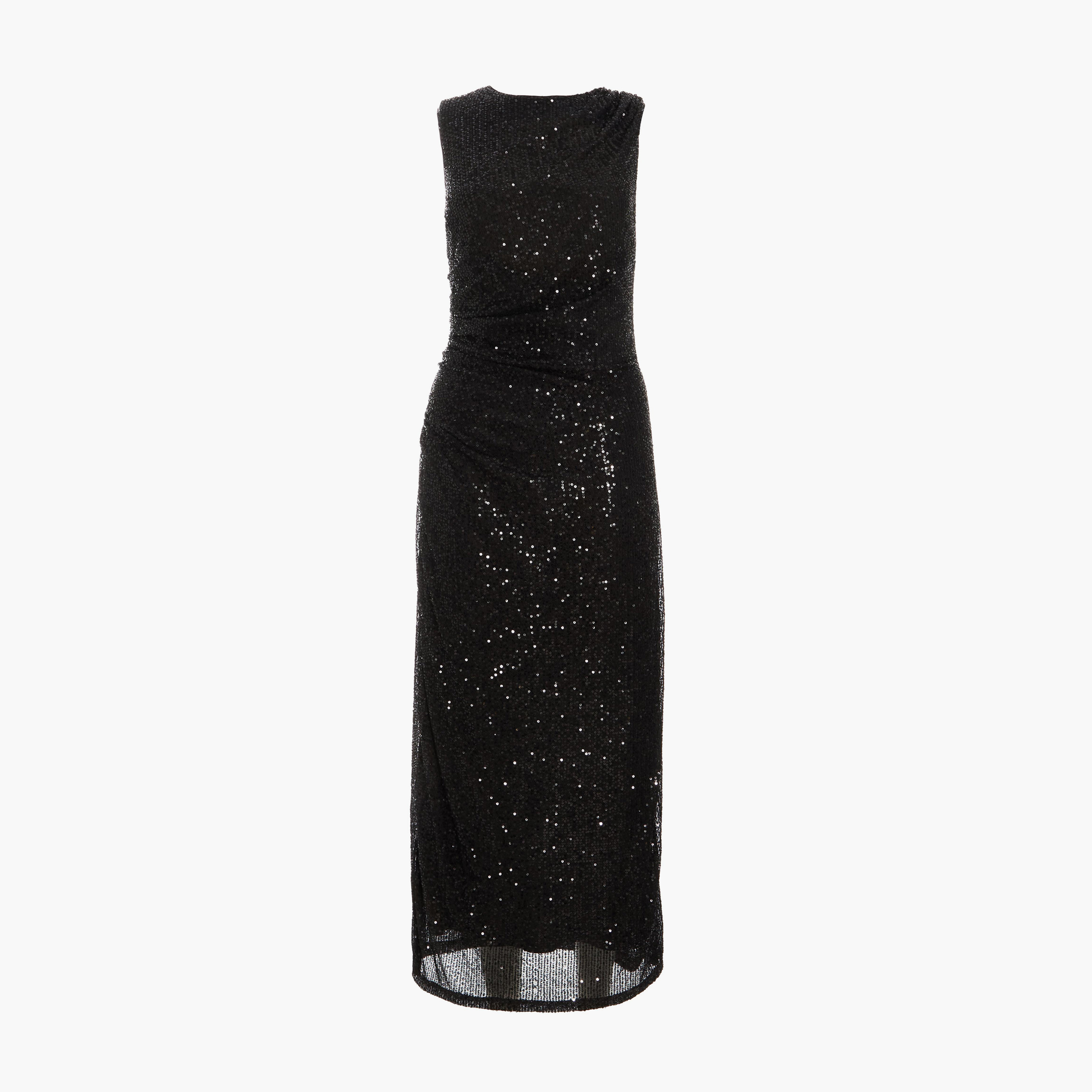كويز-  فستان سهرة أسود بدون أكمام بياقة مستديرة ومزين بالترتر وثنيات جانبية-women-clothing-dresses-image-5