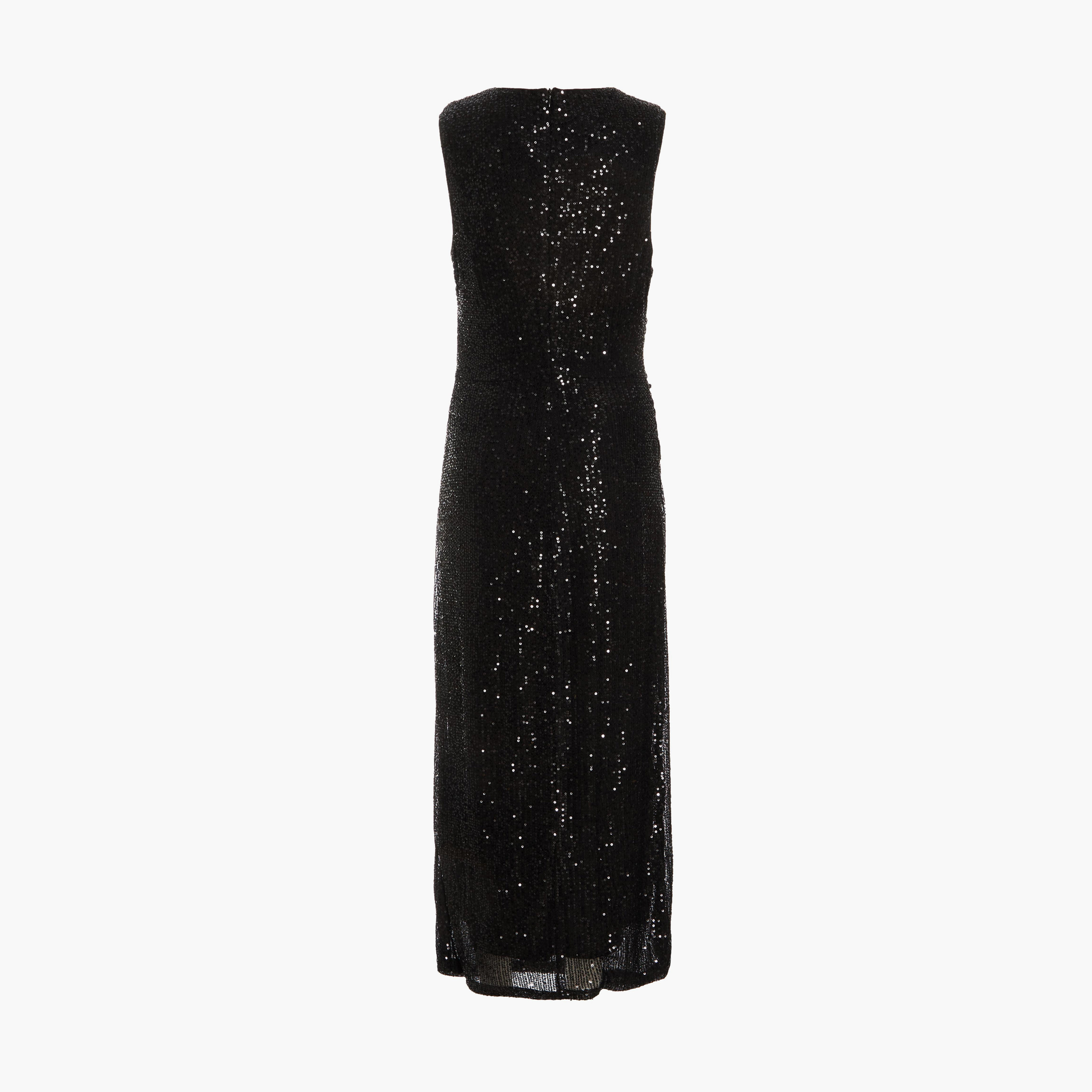 Quiz Black Round Neck Sleeveless Sequin Midaxi Ruched Side Evening Dress-women-clothing-dresses-image-6