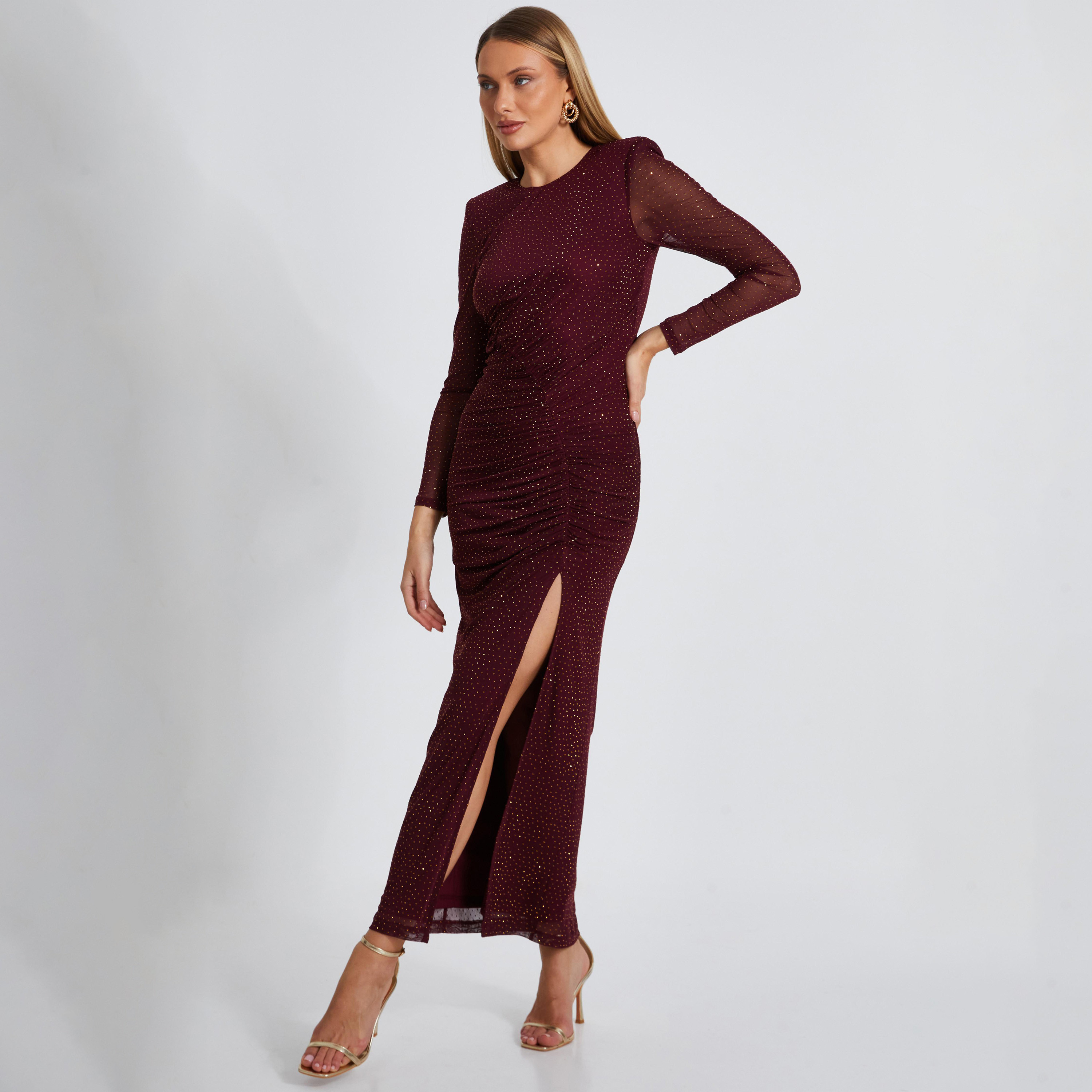 Quiz Wine Mesh Shoulder Padded Rhinestone Ruched Evening Wear Women Midaxi Dress-women-clothing-dresses-image-2