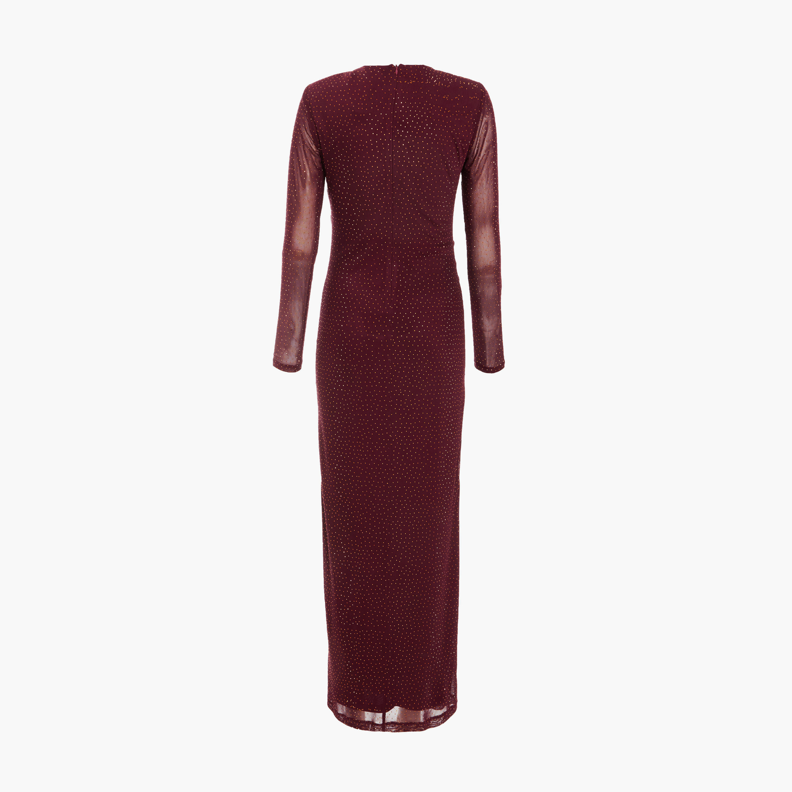 Quiz Wine Mesh Shoulder Padded Rhinestone Ruched Evening Wear Women Midaxi Dress-women-clothing-dresses-image-6