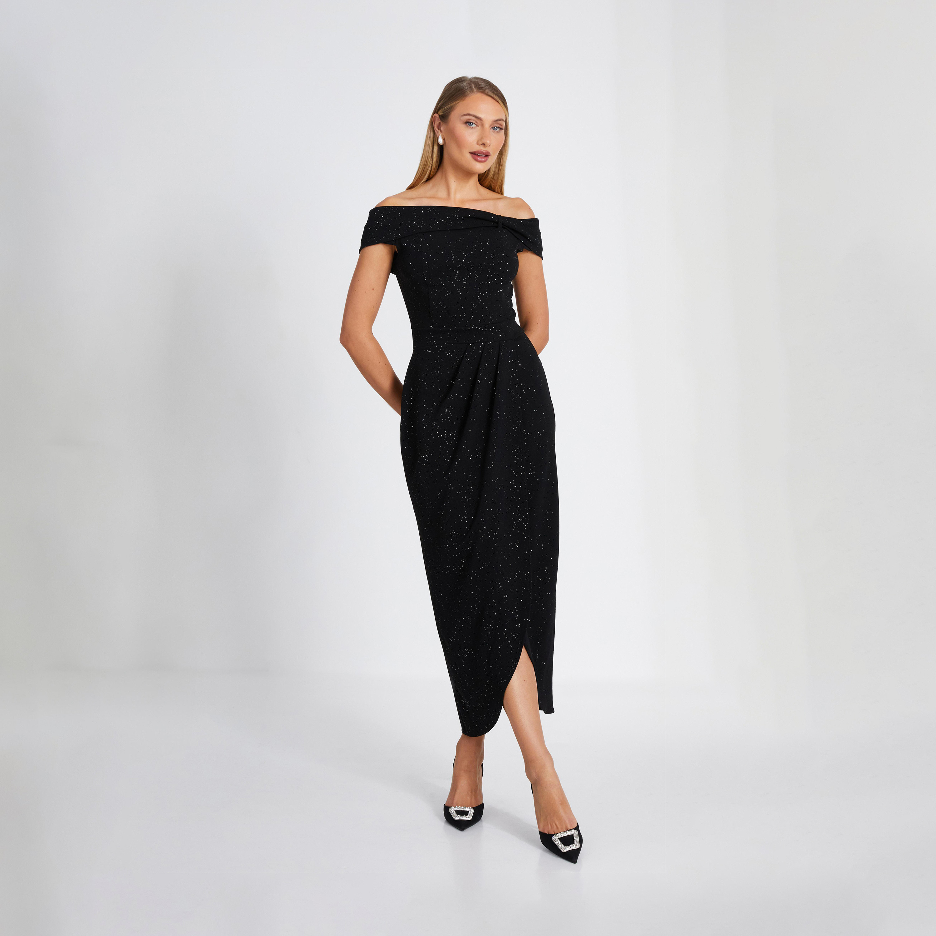 كويز-  فستان سهرة أسود لامع من ليفربول باردو ولف متوسط ​​الطول-women-clothing-dresses-image-1
