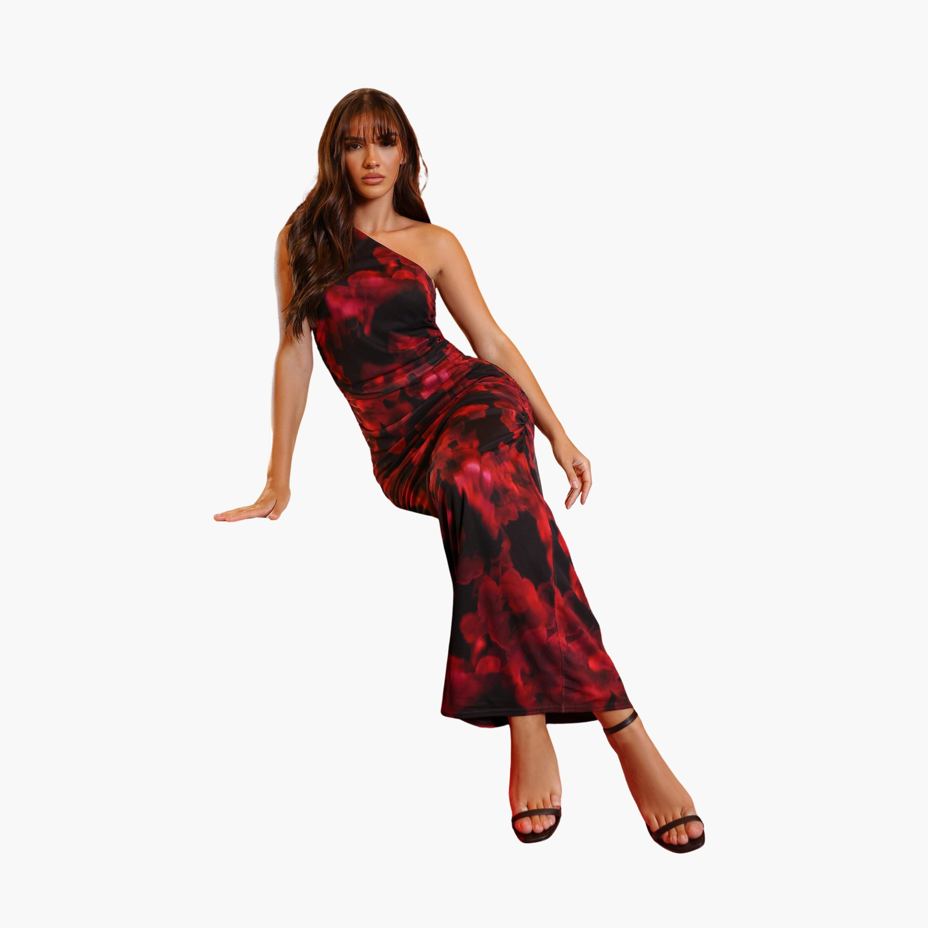 كويز-  فستان ميداكسي سهرة أسود من القماش الشبكي بكتف واحد مكشكش-women-clothing-dresses-image-1
