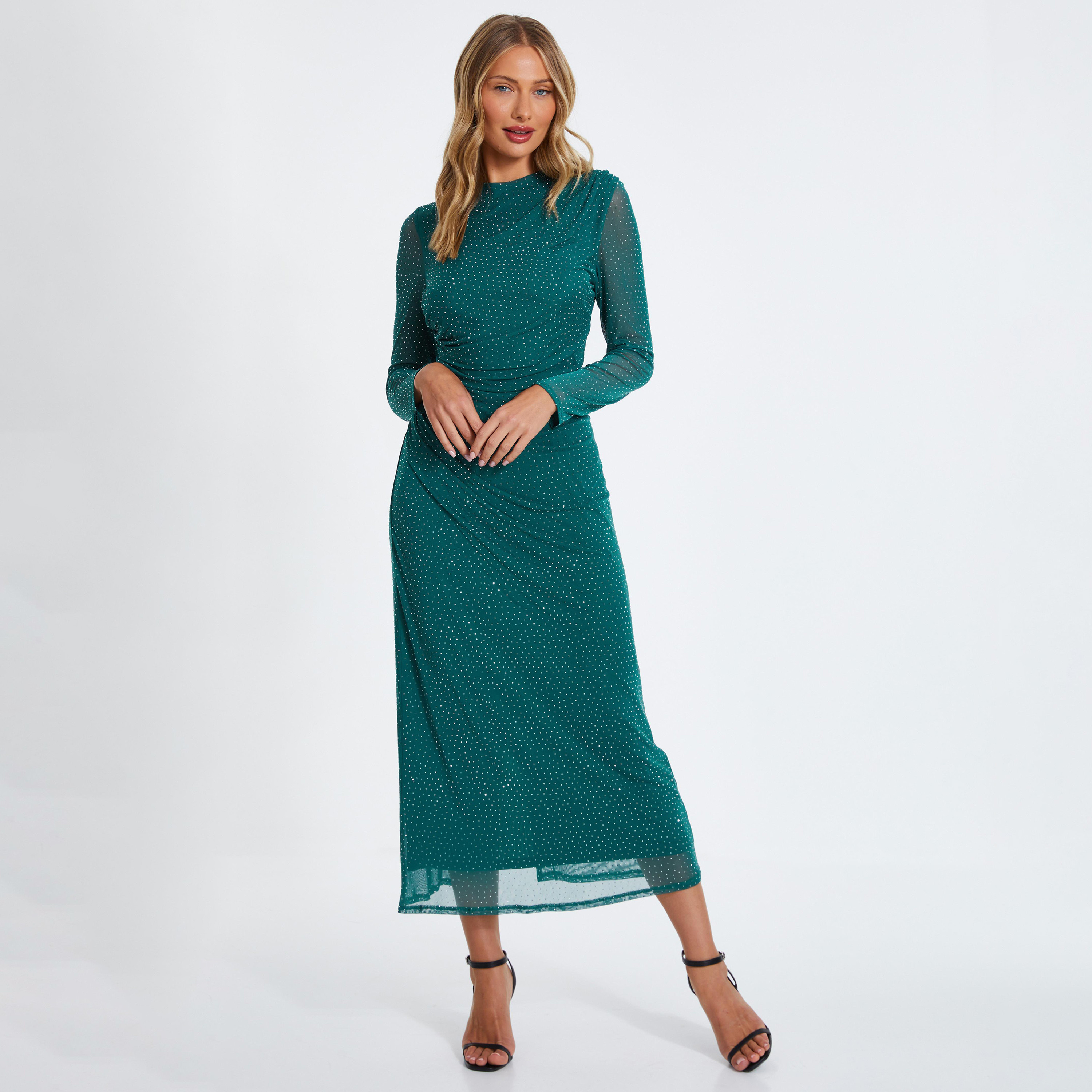 كويز-  فستان ميداكسي (بطول متوسط) أخضر فاتح بأكمام طويلة مزين بأحجار الراين-women-clothing-dresses-image-1