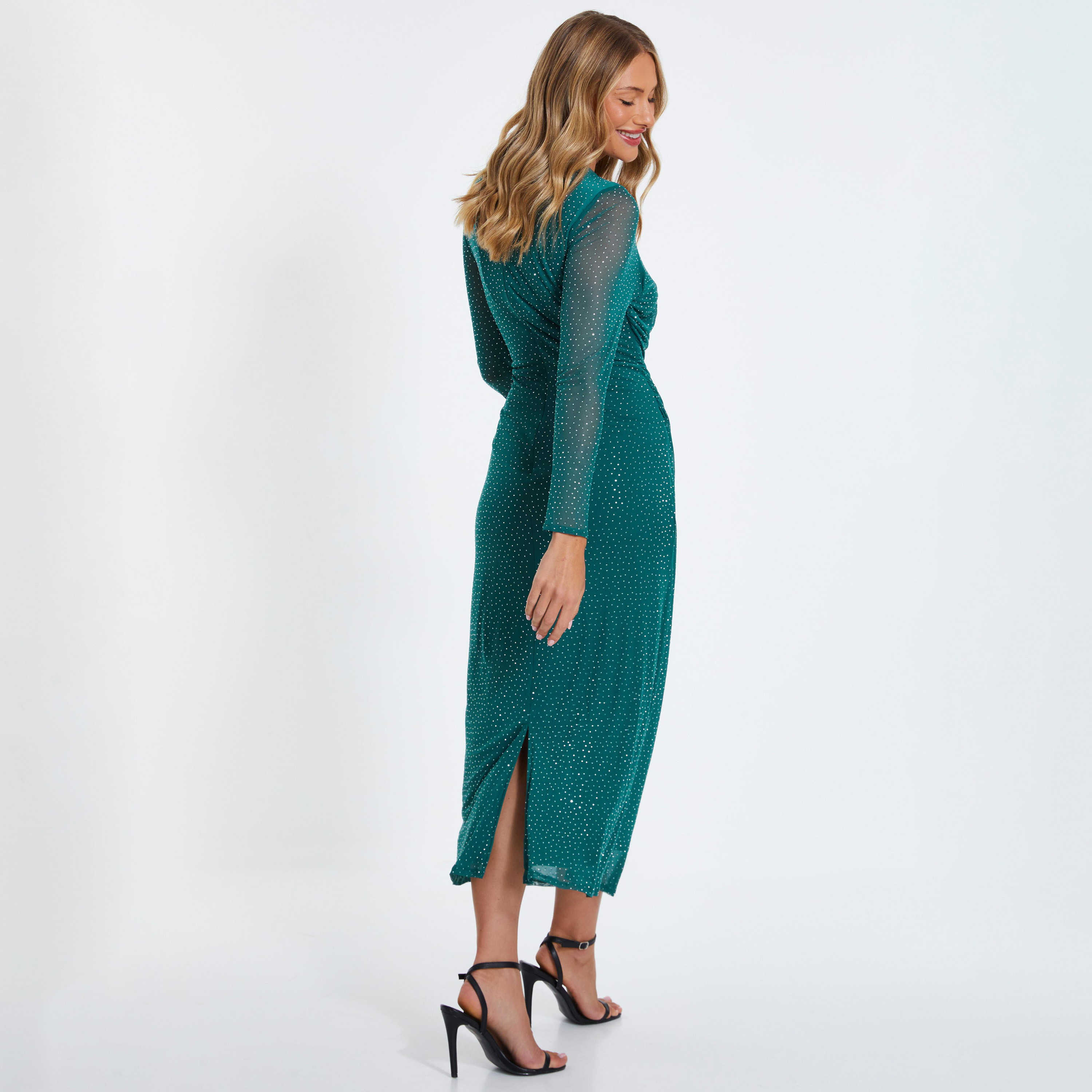 كويز-  فستان ميداكسي (بطول متوسط) أخضر فاتح بأكمام طويلة مزين بأحجار الراين-women-clothing-dresses-image-3