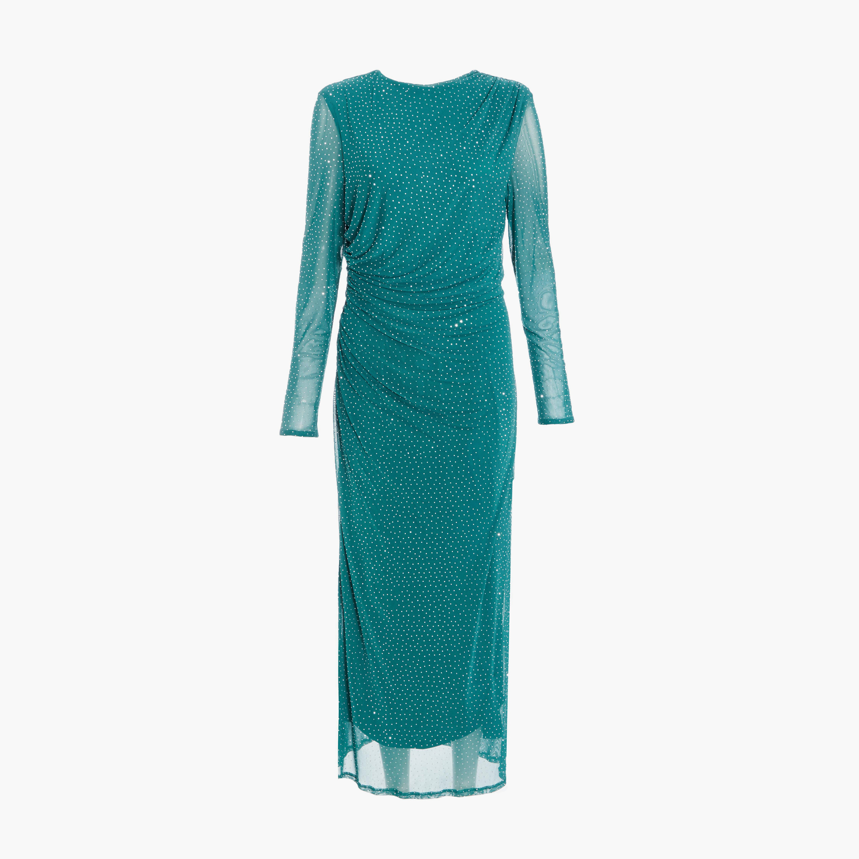 كويز-  فستان ميداكسي (بطول متوسط) أخضر فاتح بأكمام طويلة مزين بأحجار الراين-women-clothing-dresses-image-5
