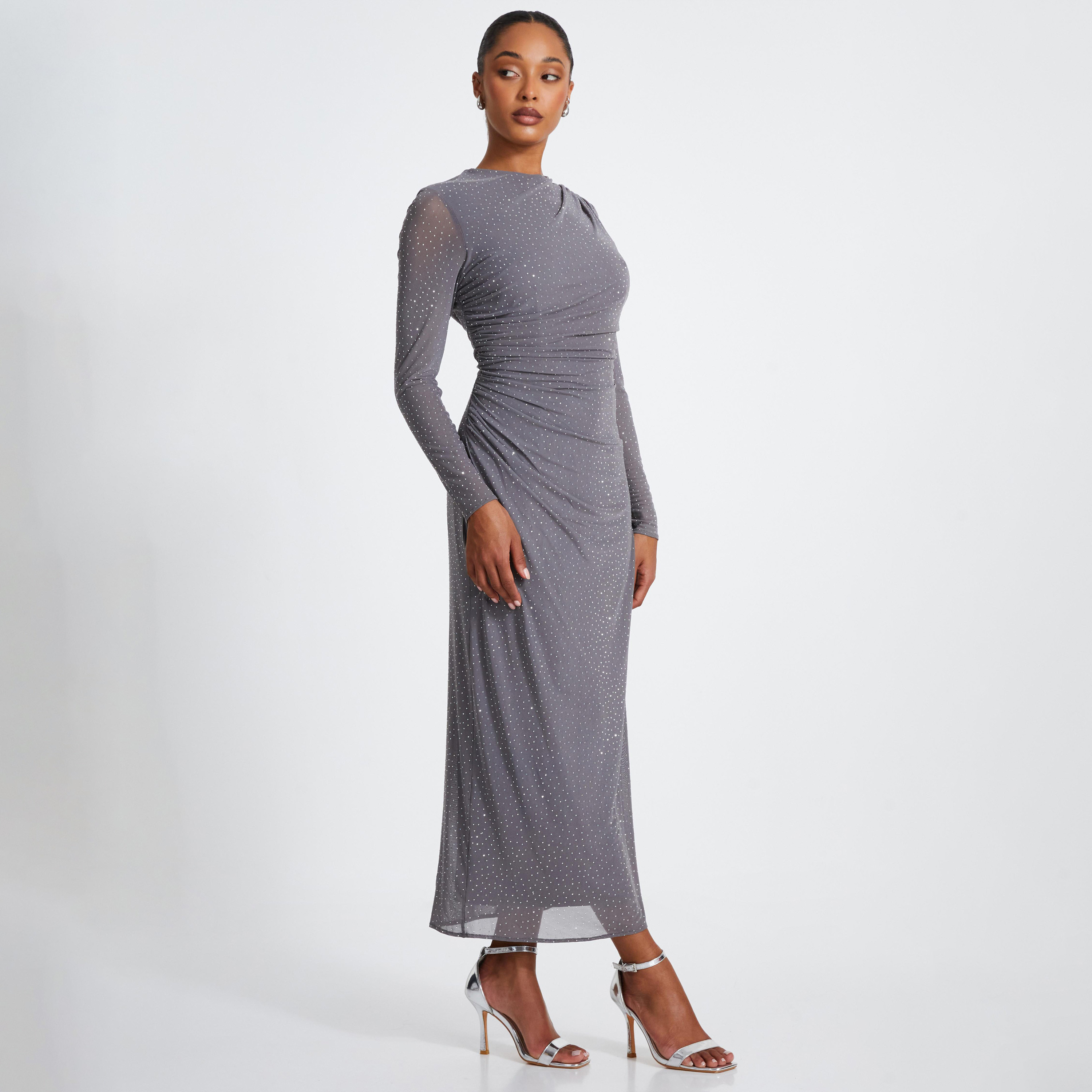 Quiz Grey Rhinestone Mesh Ruched Evening Wear Women Midaxi Dress-women-clothing-dresses-image-2