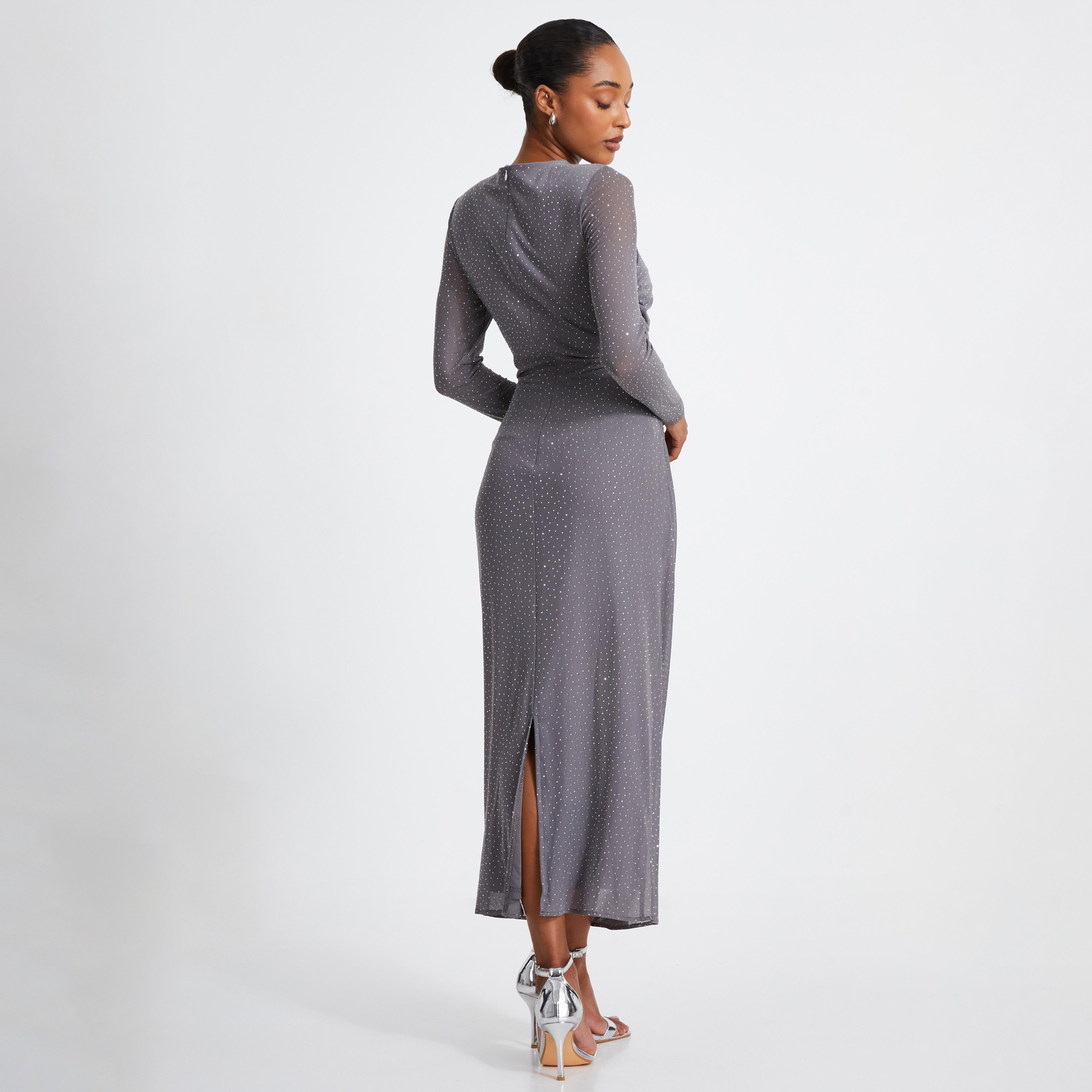 Quiz Grey Rhinestone Mesh Ruched Evening Wear Women Midaxi Dress-women-clothing-dresses-image-3