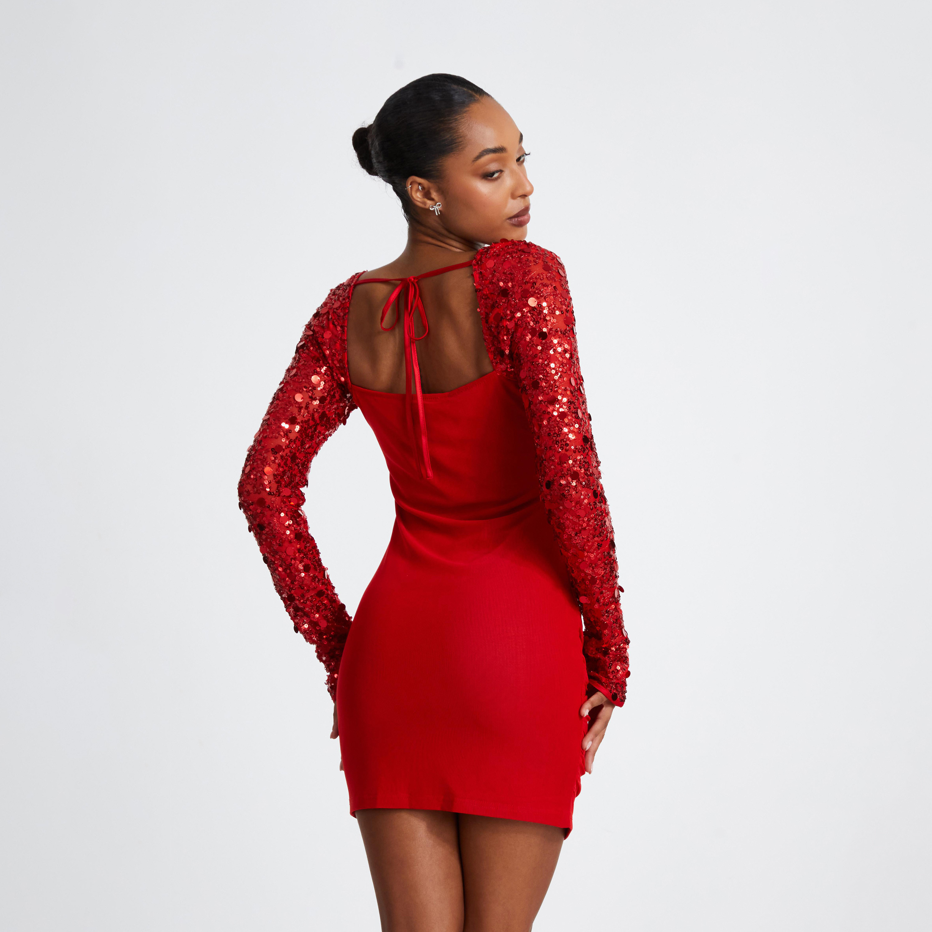 Quiz Red Mesh Sequin Sleeve Ruched Bodycon Dress-women-clothing-dresses-image-2