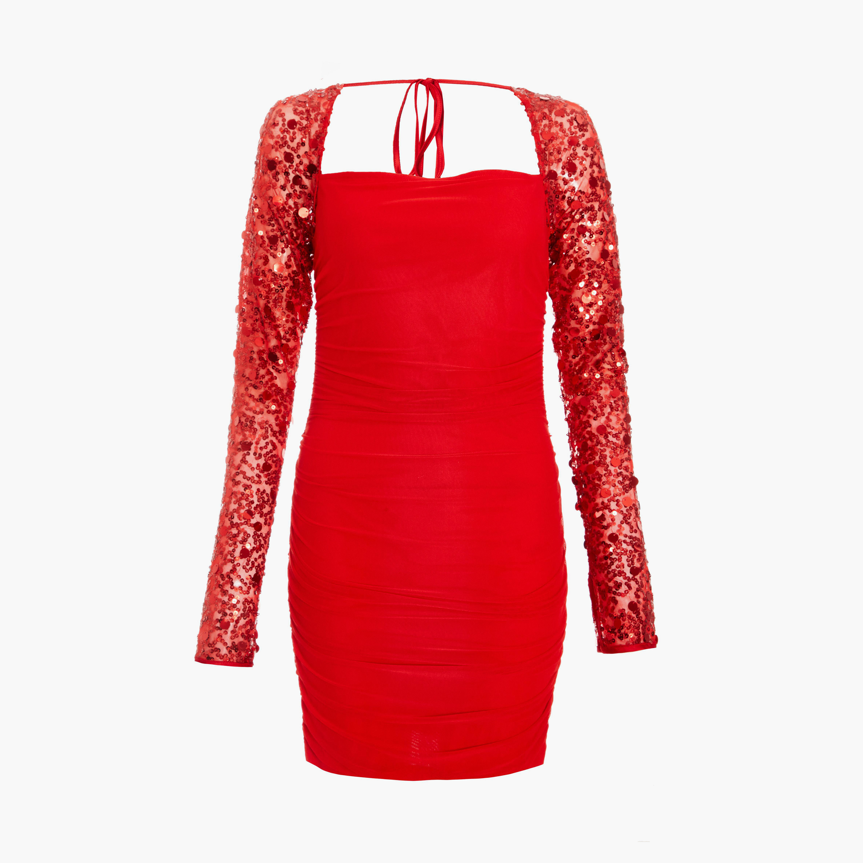 Quiz Red Mesh Sequin Sleeve Ruched Bodycon Dress-women-clothing-dresses-image-5