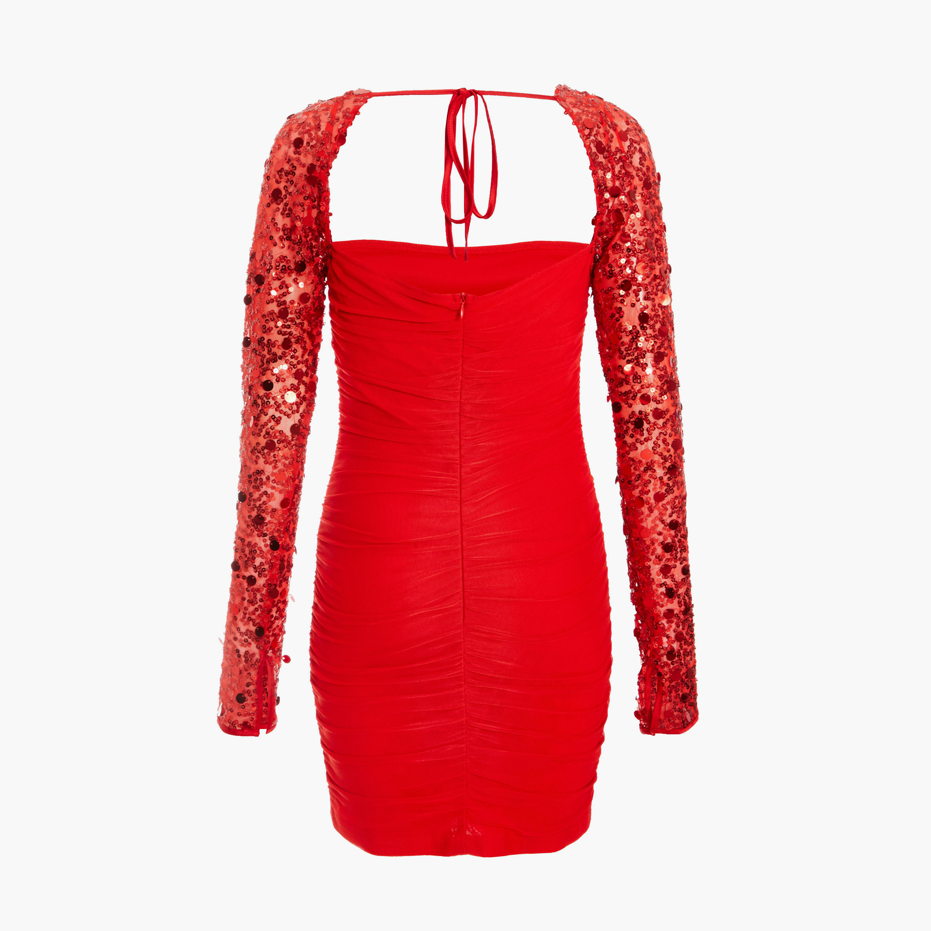 Quiz Red Mesh Sequin Sleeve Ruched Bodycon Dress-women-clothing-dresses-image-6