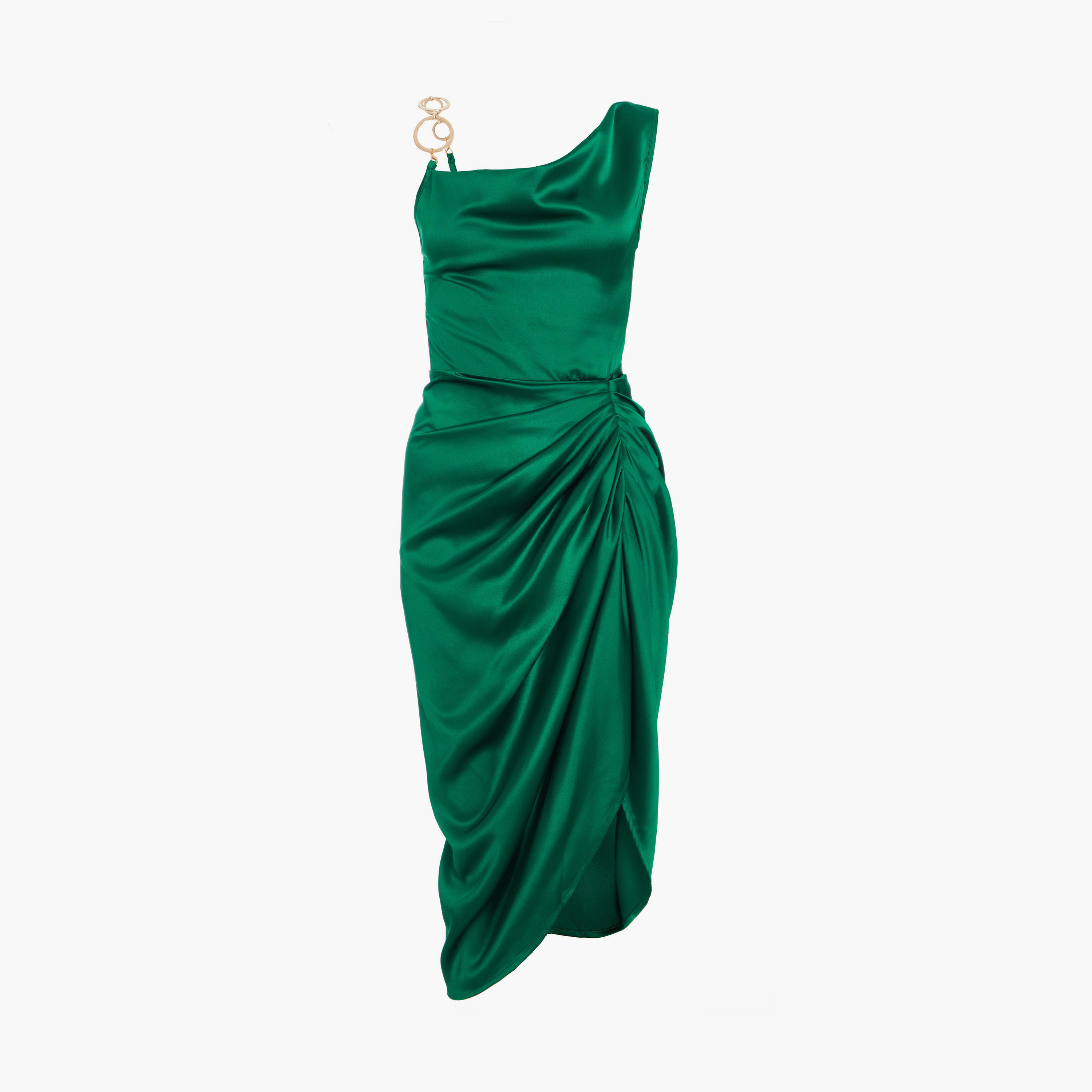 كويز- فستان سهرة ميدي أخضر زمردي من الساتان مع كشكش من الأمام-women-clothing-dresses-image-5