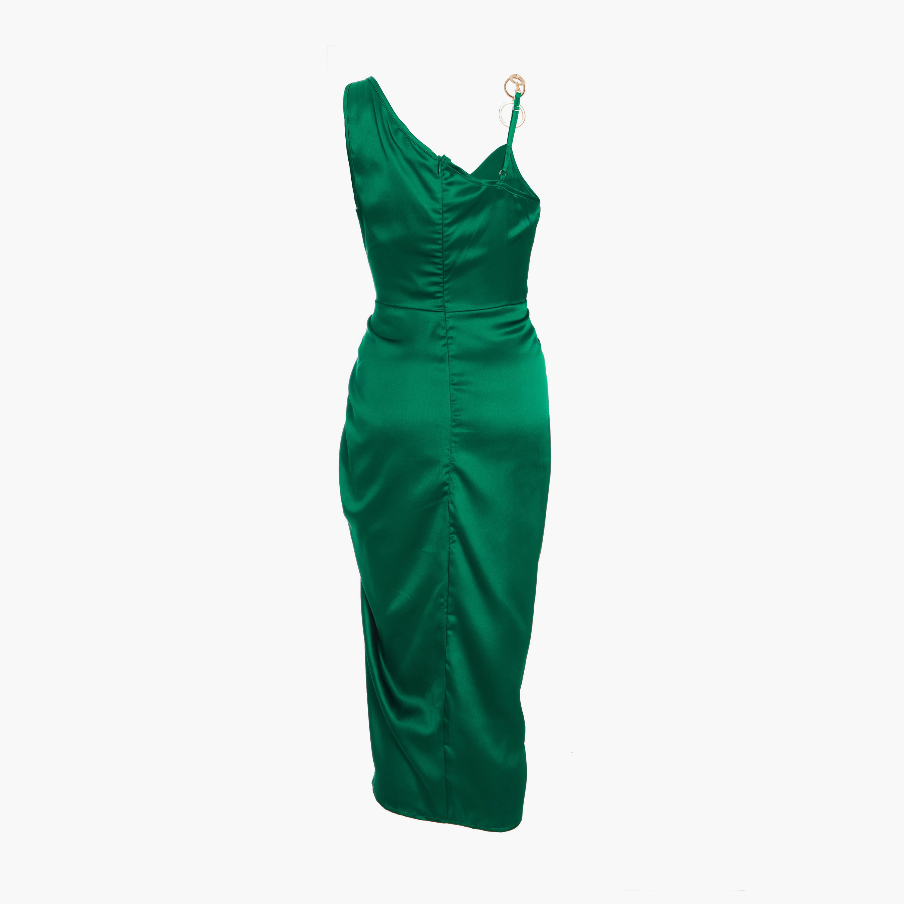 كويز- فستان سهرة ميدي أخضر زمردي من الساتان مع كشكش من الأمام-women-clothing-dresses-image-6