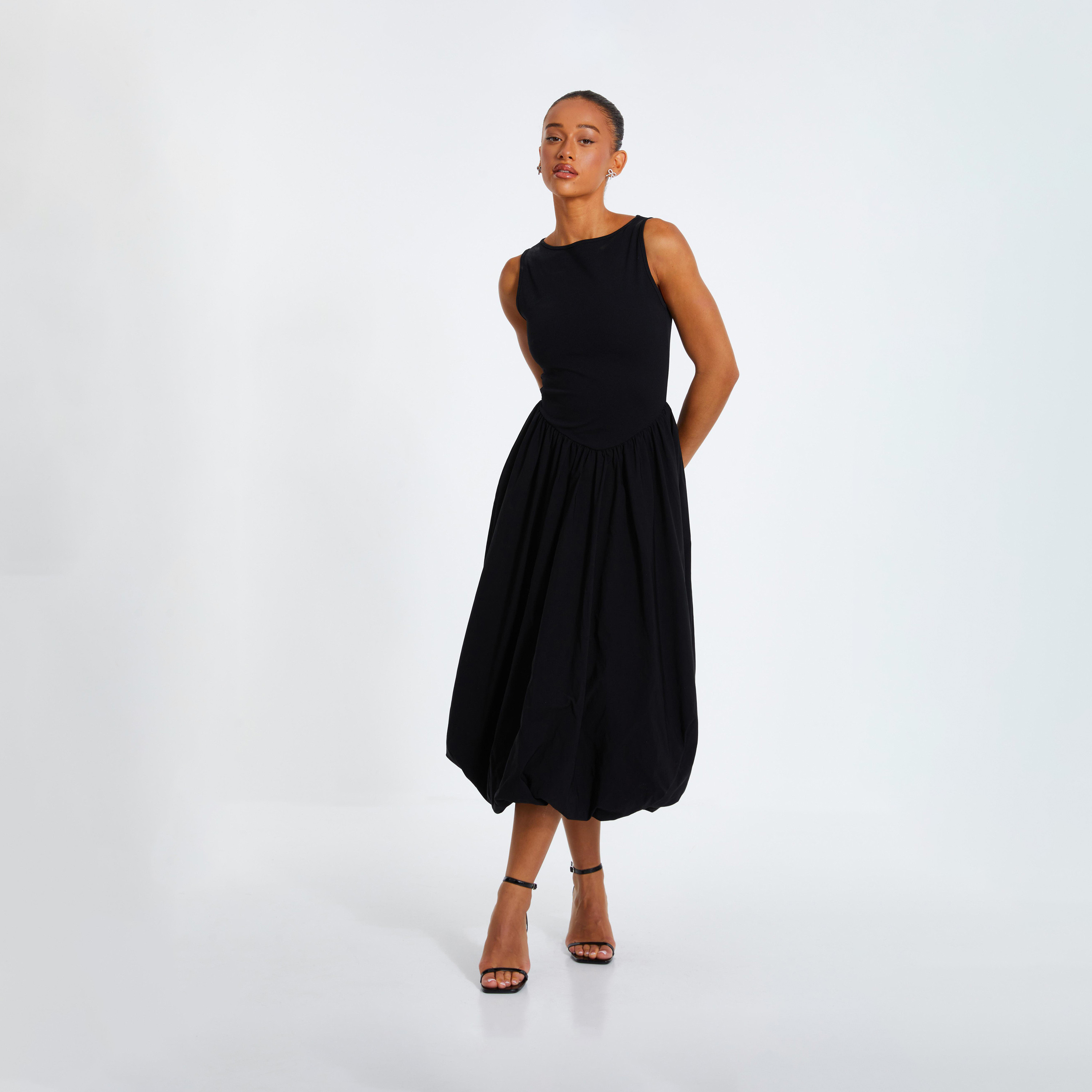 كويز- فستان سهرة متوسط ​​الطول ميدي بدون أكمام قماش جيرسيه وبنغالين باللون الأسود-women-clothing-dresses-image-1