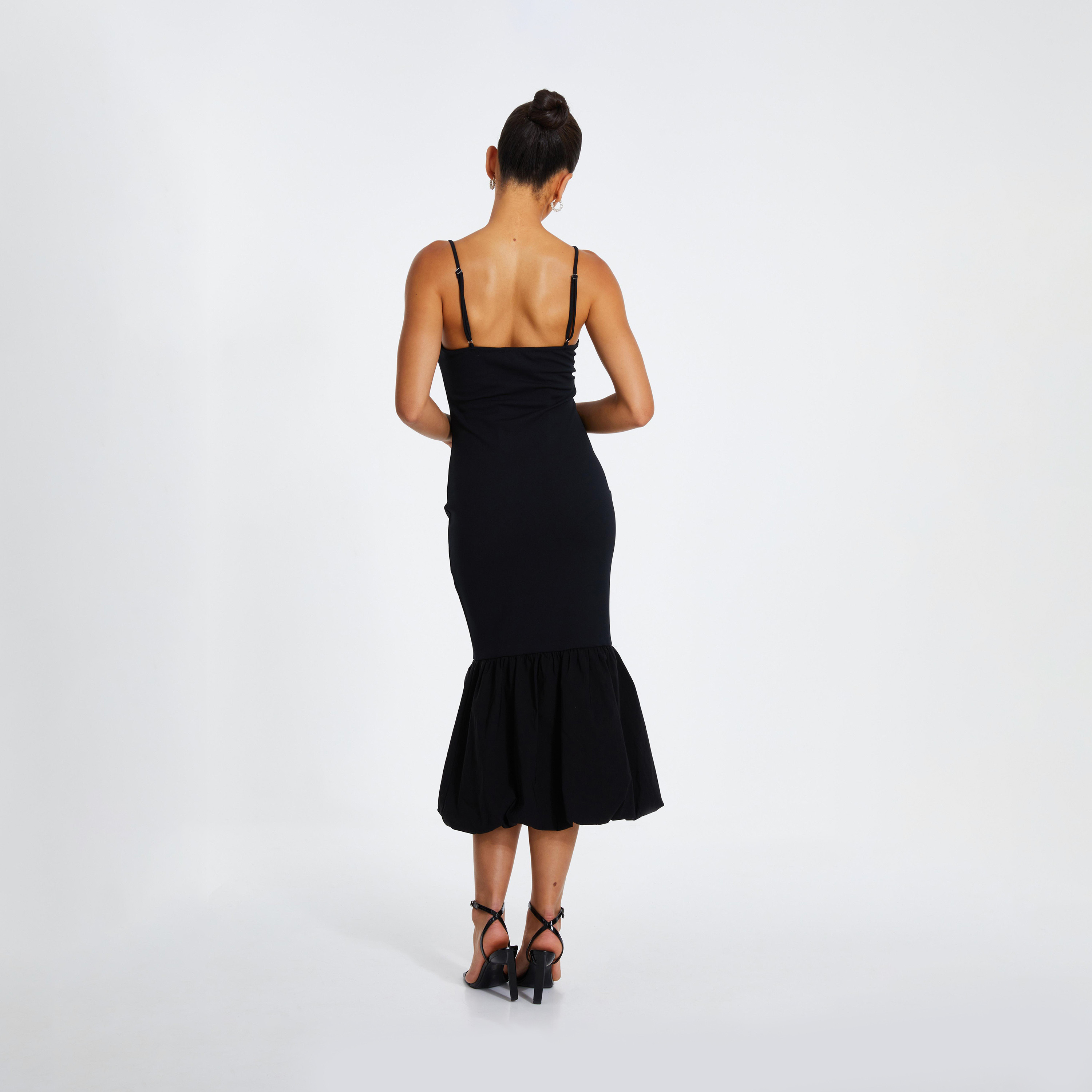 Quiz Black Jersey and Bengaline Puffball Hem Strappy Evening Midi Dress-women-clothing-dresses-image-2