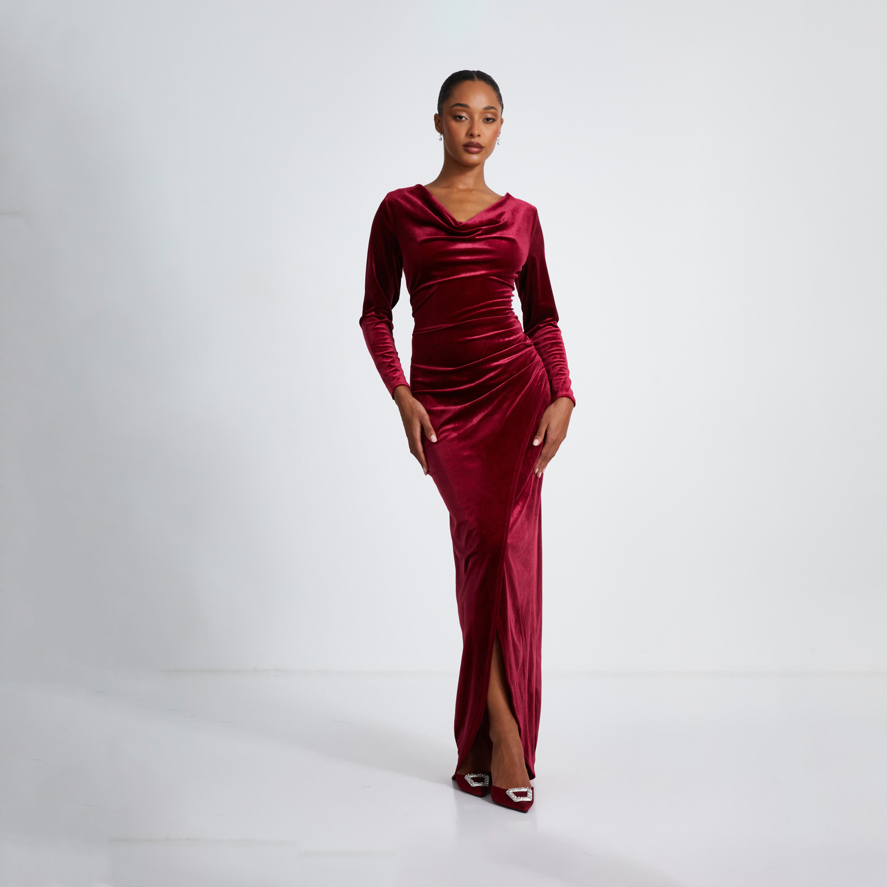 Quiz Berry Velvet Cowl Long Sleeve Maxi Evening Dress-women-clothing-dresses-image-1