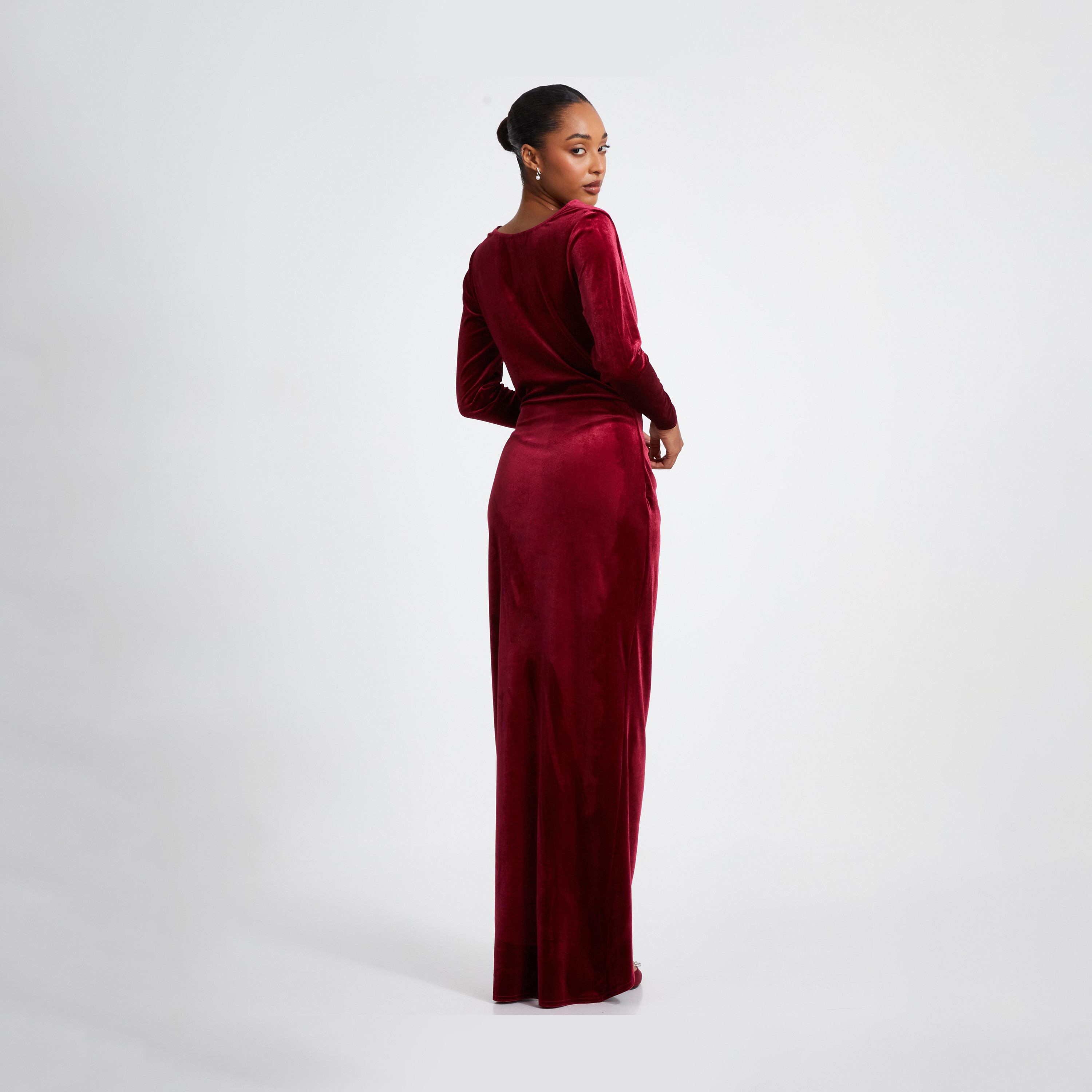 Quiz Berry Velvet Cowl Long Sleeve Maxi Evening Dress-women-clothing-dresses-image-2