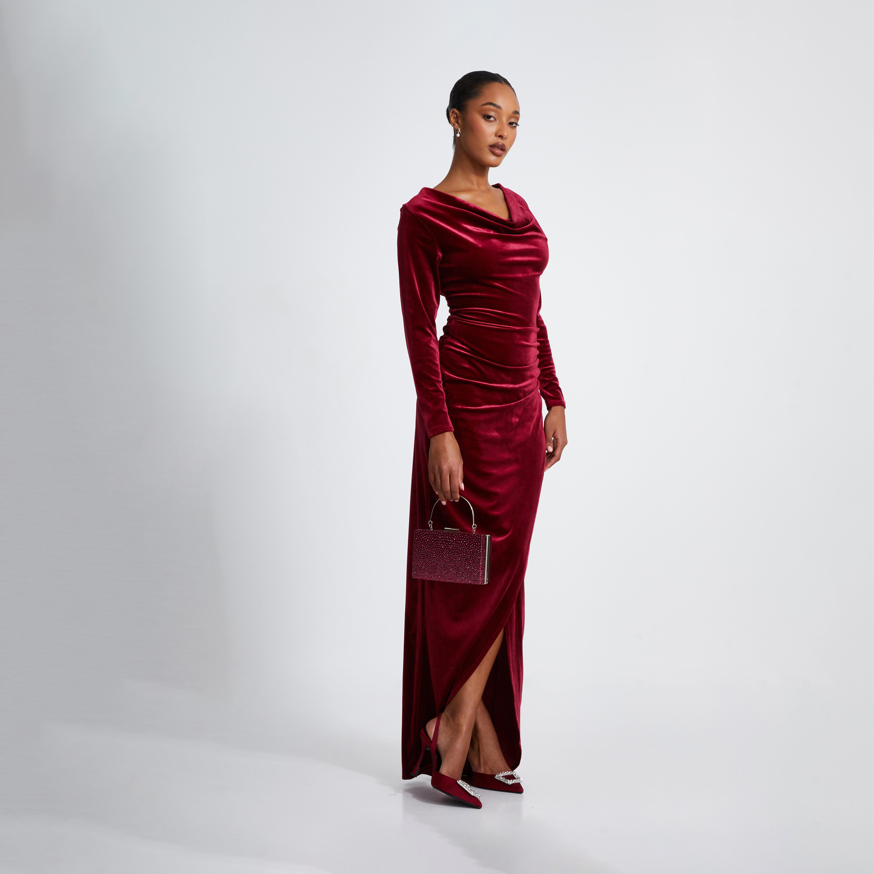 Quiz Berry Velvet Cowl Long Sleeve Maxi Evening Dress-women-clothing-dresses-image-3