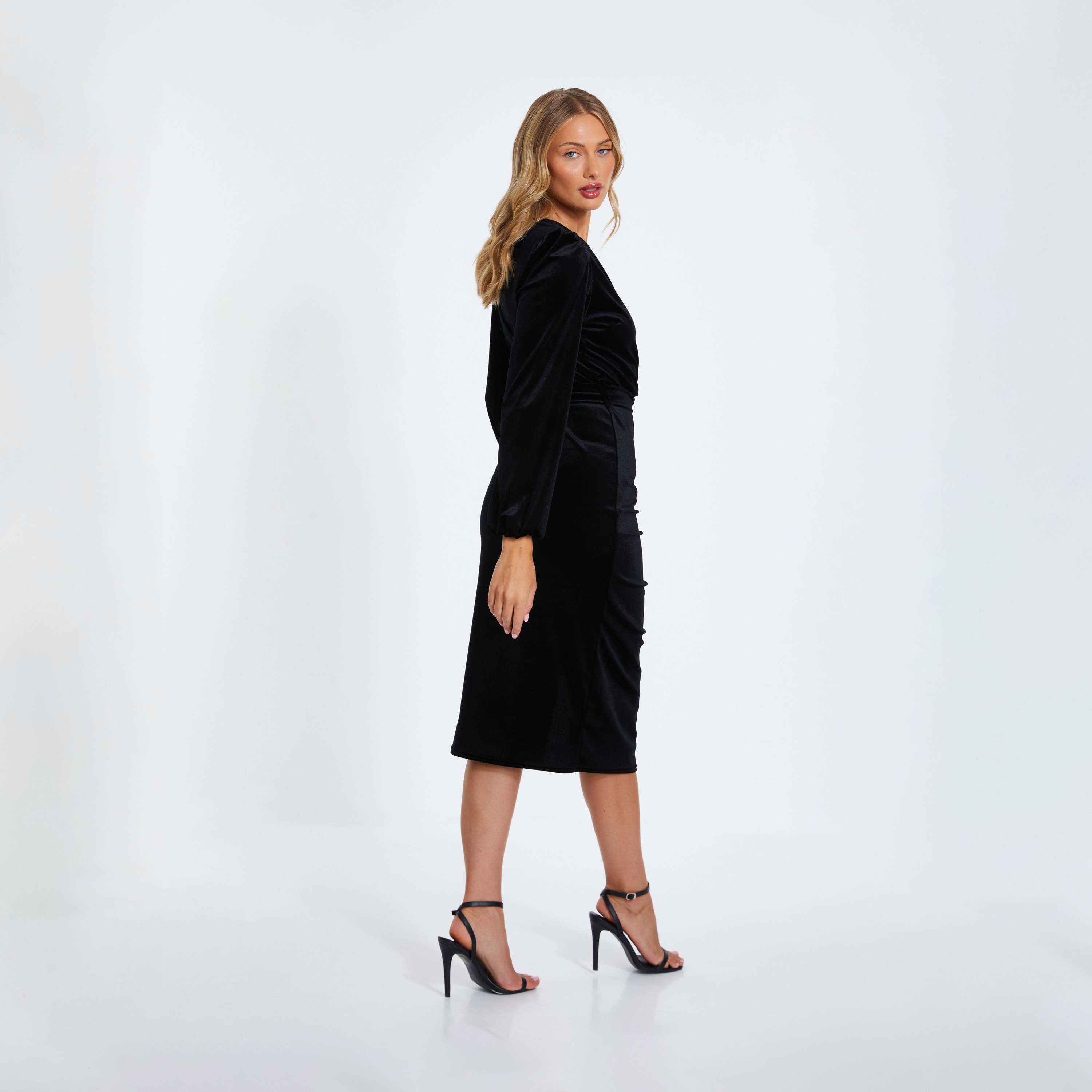 Quiz Black Velvet Wrap Ruched Midi Evening Dress-women-clothing-dresses-image-2