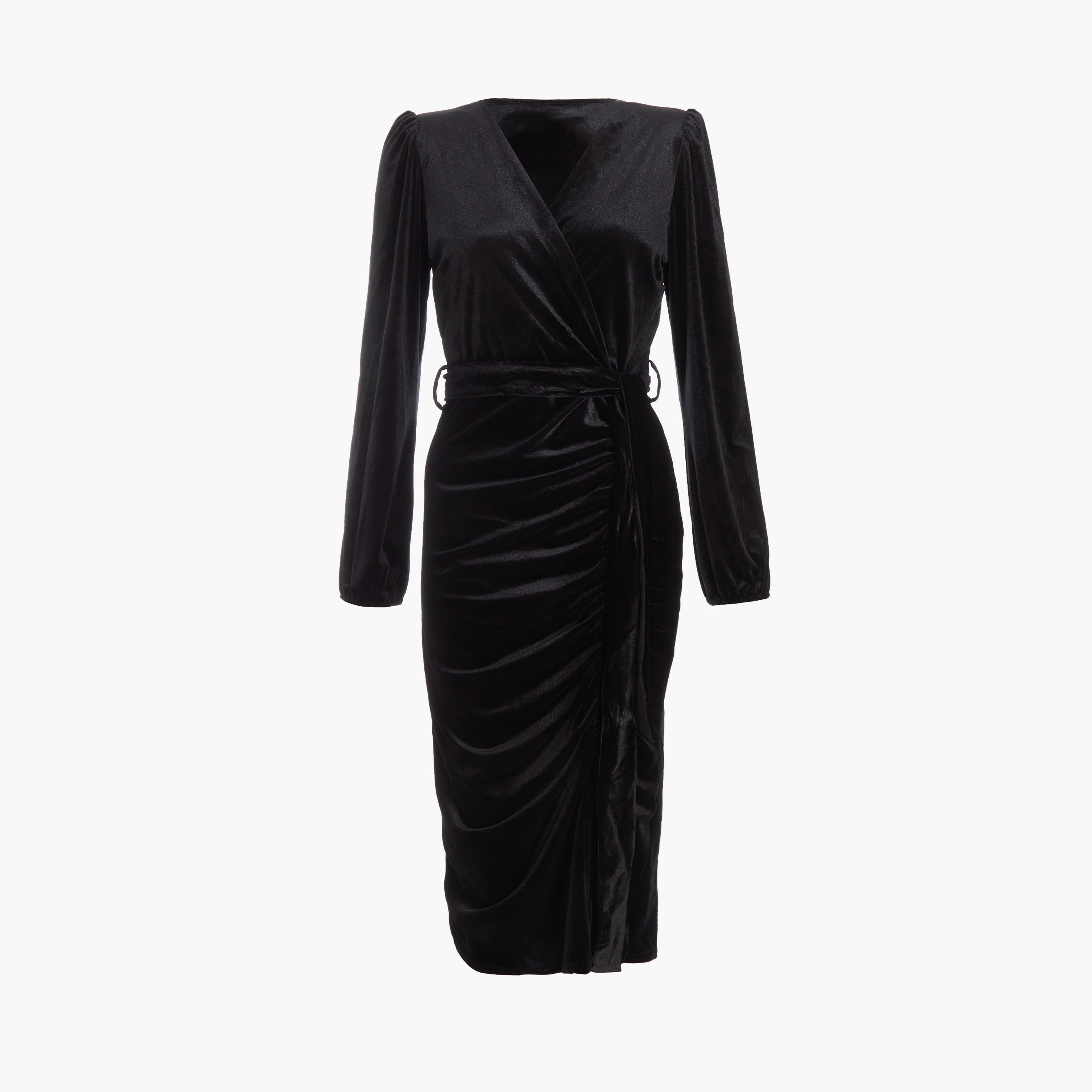 Quiz Black Velvet Wrap Ruched Midi Evening Dress-women-clothing-dresses-image-5