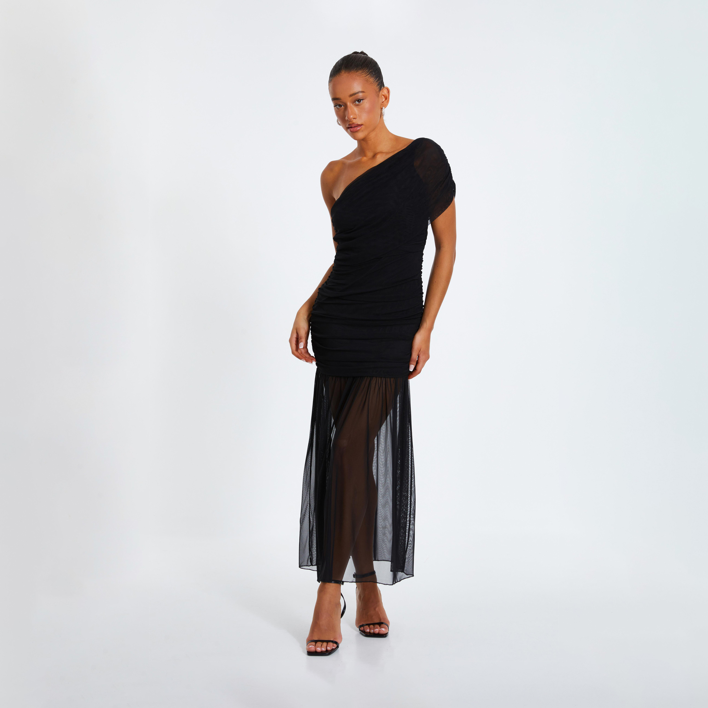 Quiz Black Mesh One Shoulder Drop Waist Midaxi Evening Dress-women-clothing-dresses-image-1