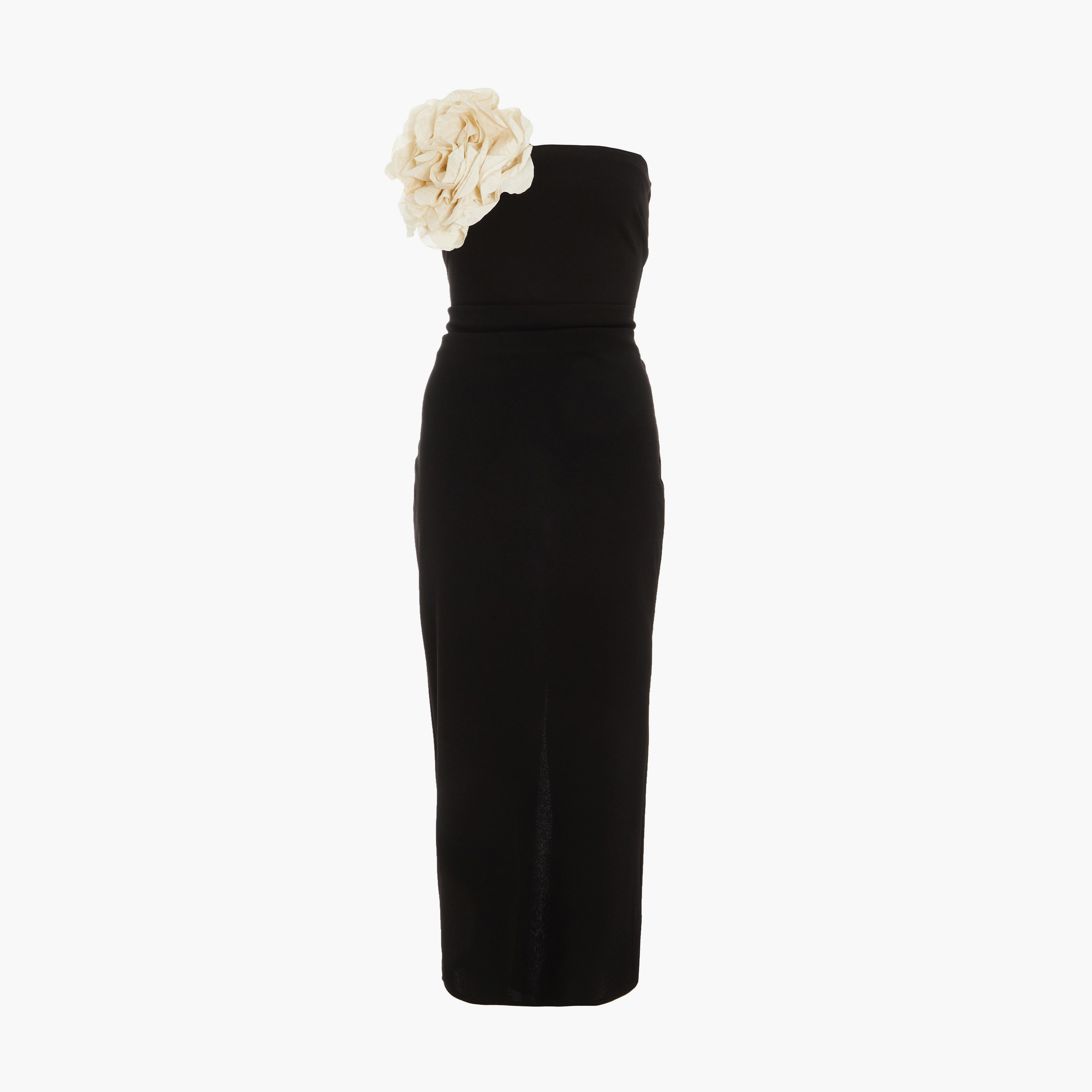 كويز- فستان سهرة ميدي أسود بكتف مكشوف من الكريب الأسود مع أزهار-women-clothing-dresses-image-5