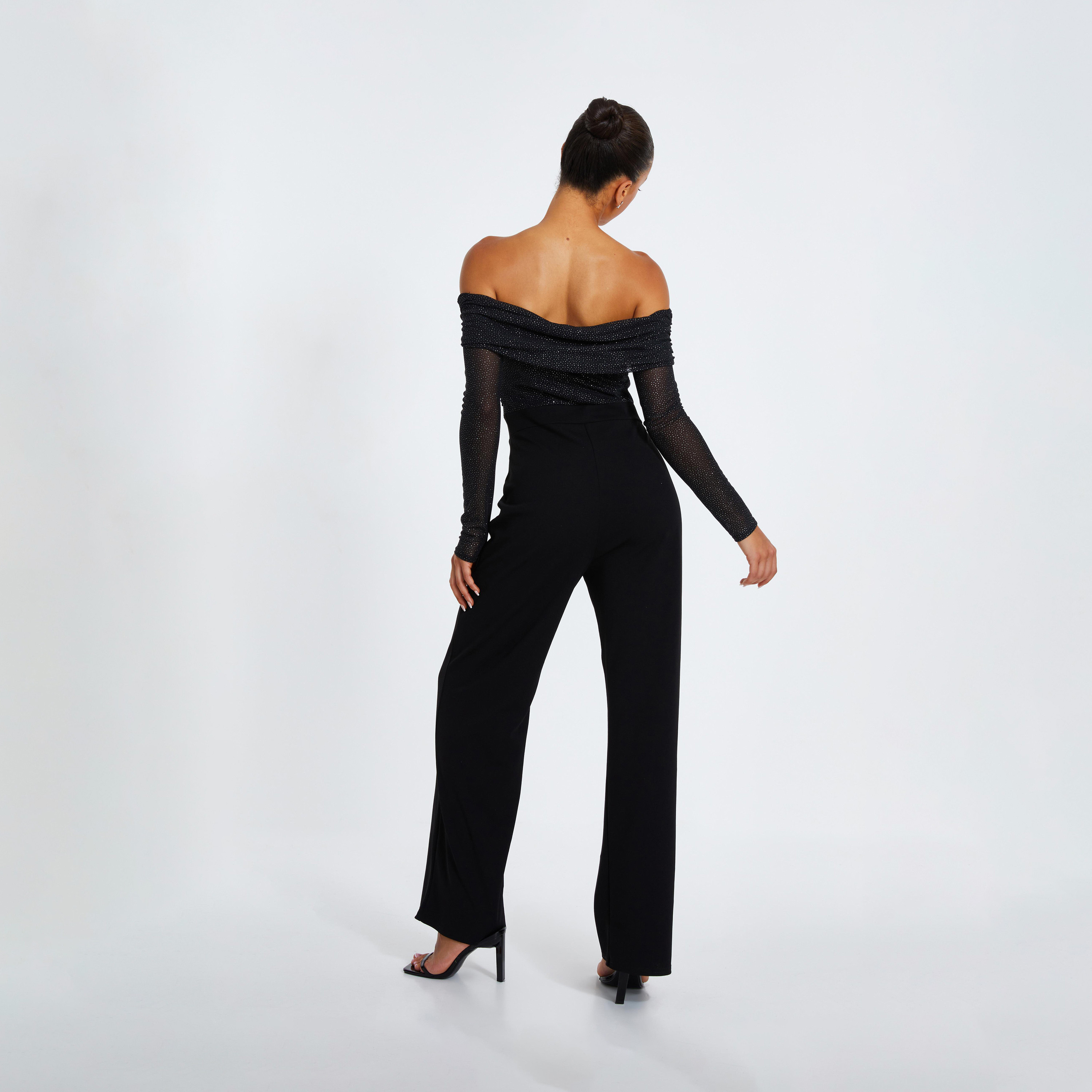 Quiz Black Glitter Mesh Bardot Scuba Crepe Evening Wear Palazzo Jumpsuit-women-clothing-jumpsuits-image-2