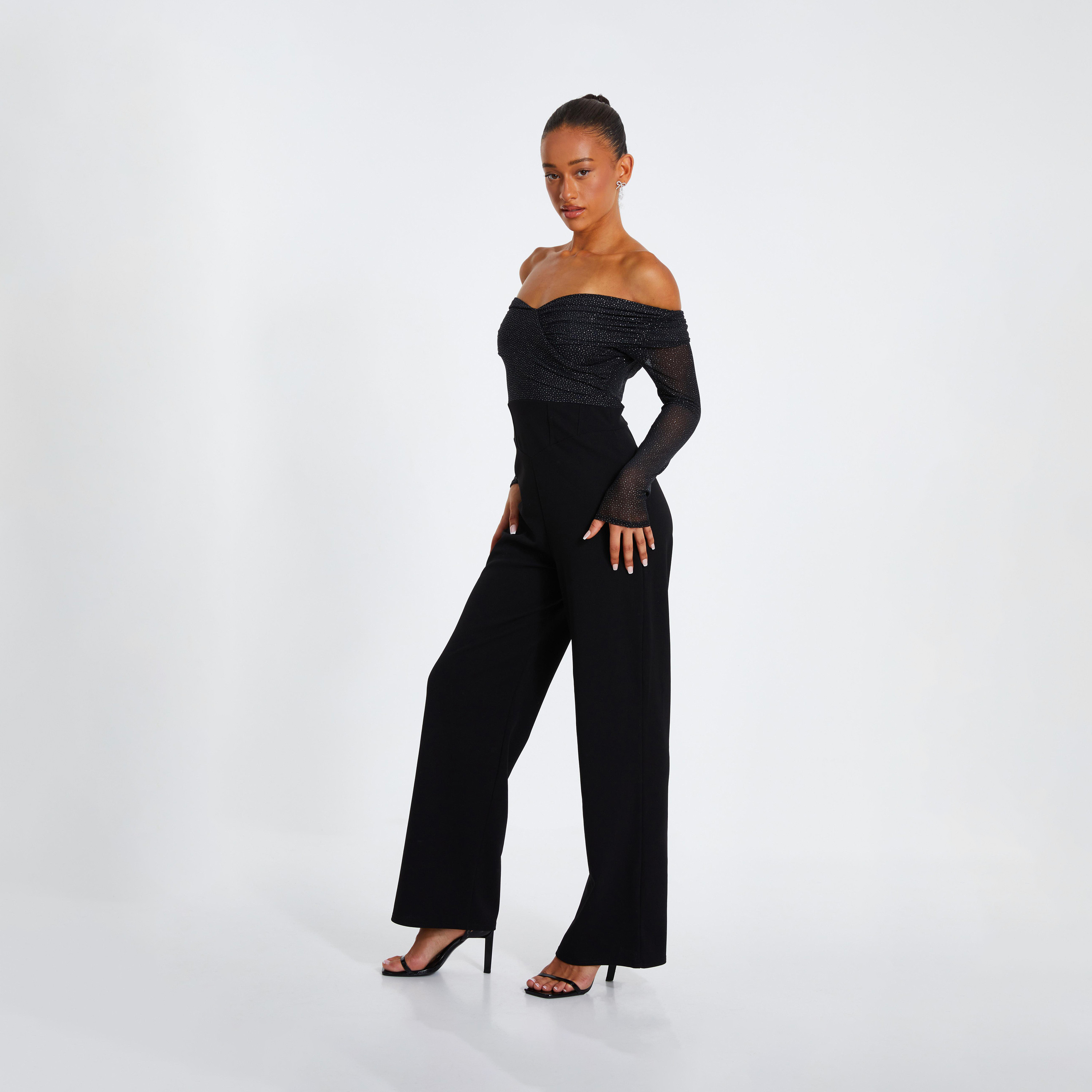 Quiz Black Glitter Mesh Bardot Scuba Crepe Evening Wear Palazzo Jumpsuit-women-clothing-jumpsuits-image-3