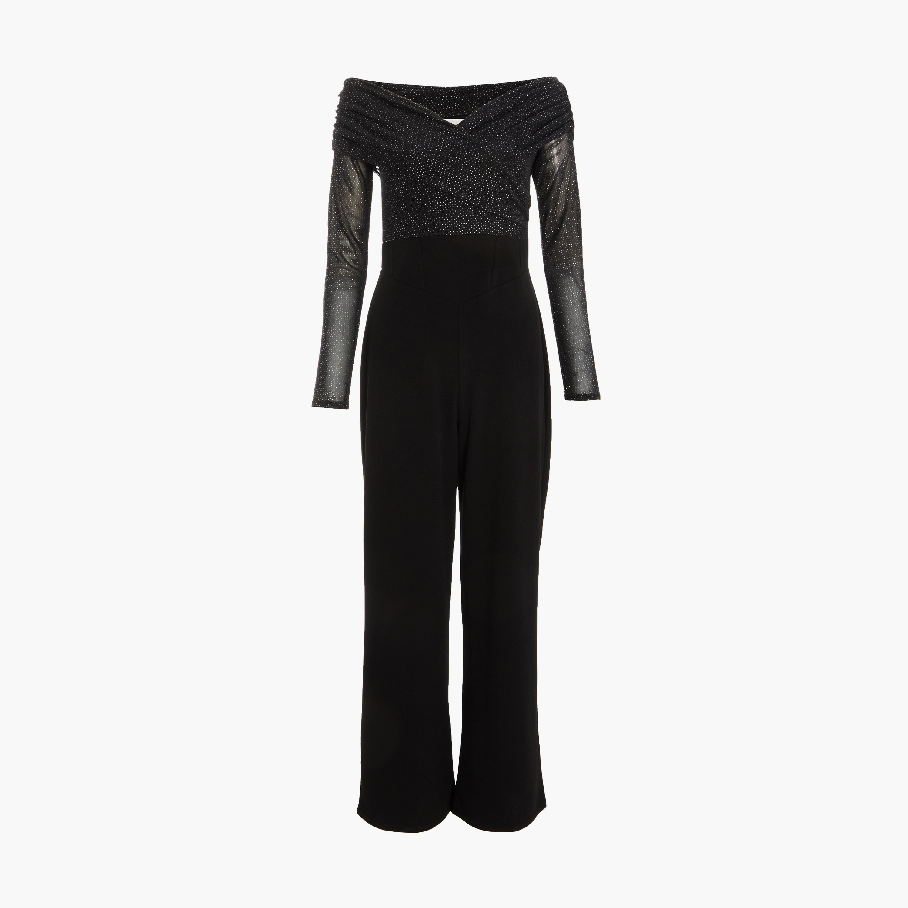 كويز-  جمبسوت سهرة من قماش الكريب سكوبا بشريط شبكي لامع أسود باردوت-women-clothing-jumpsuits-image-5