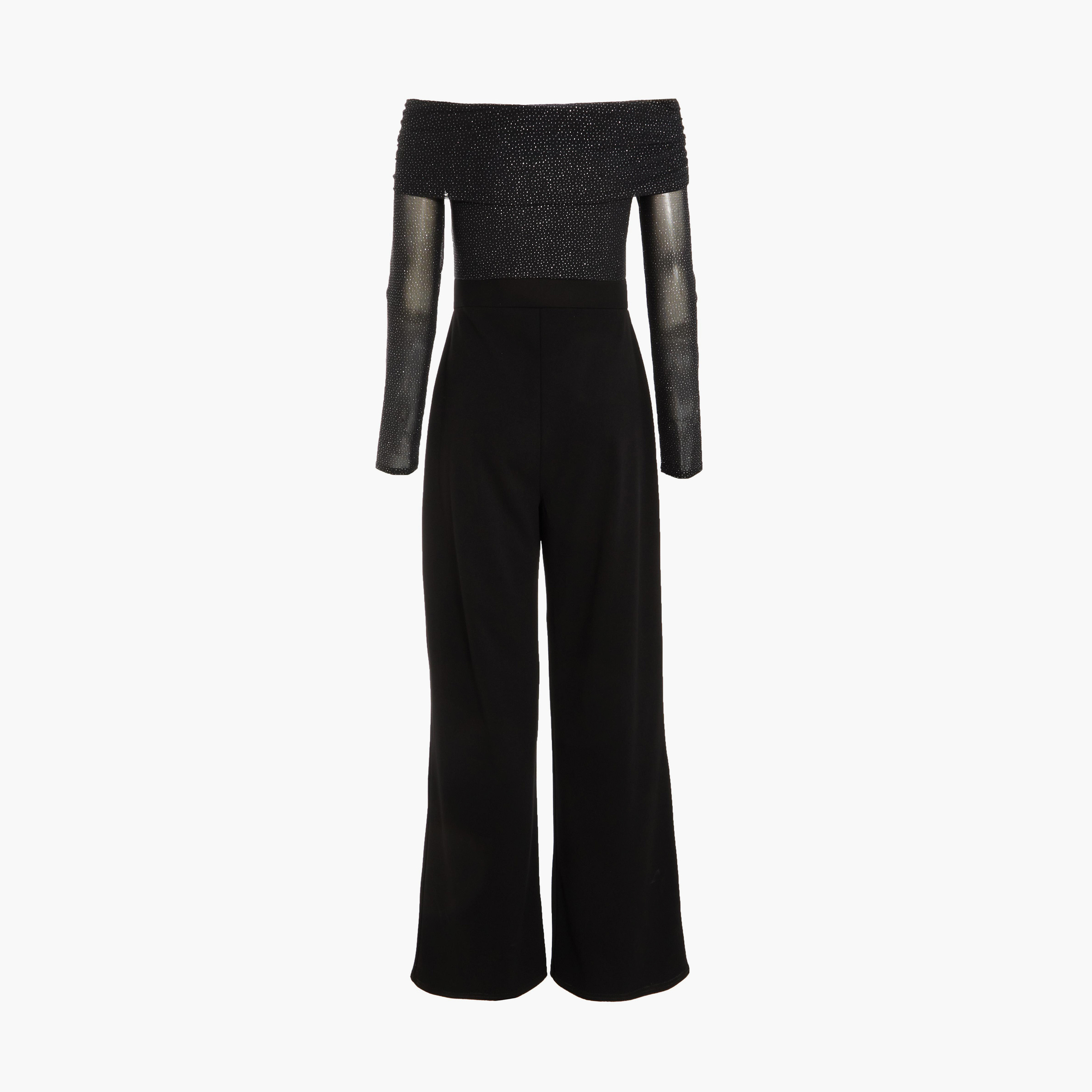 Quiz Black Glitter Mesh Bardot Scuba Crepe Evening Wear Palazzo Jumpsuit-women-clothing-jumpsuits-image-6