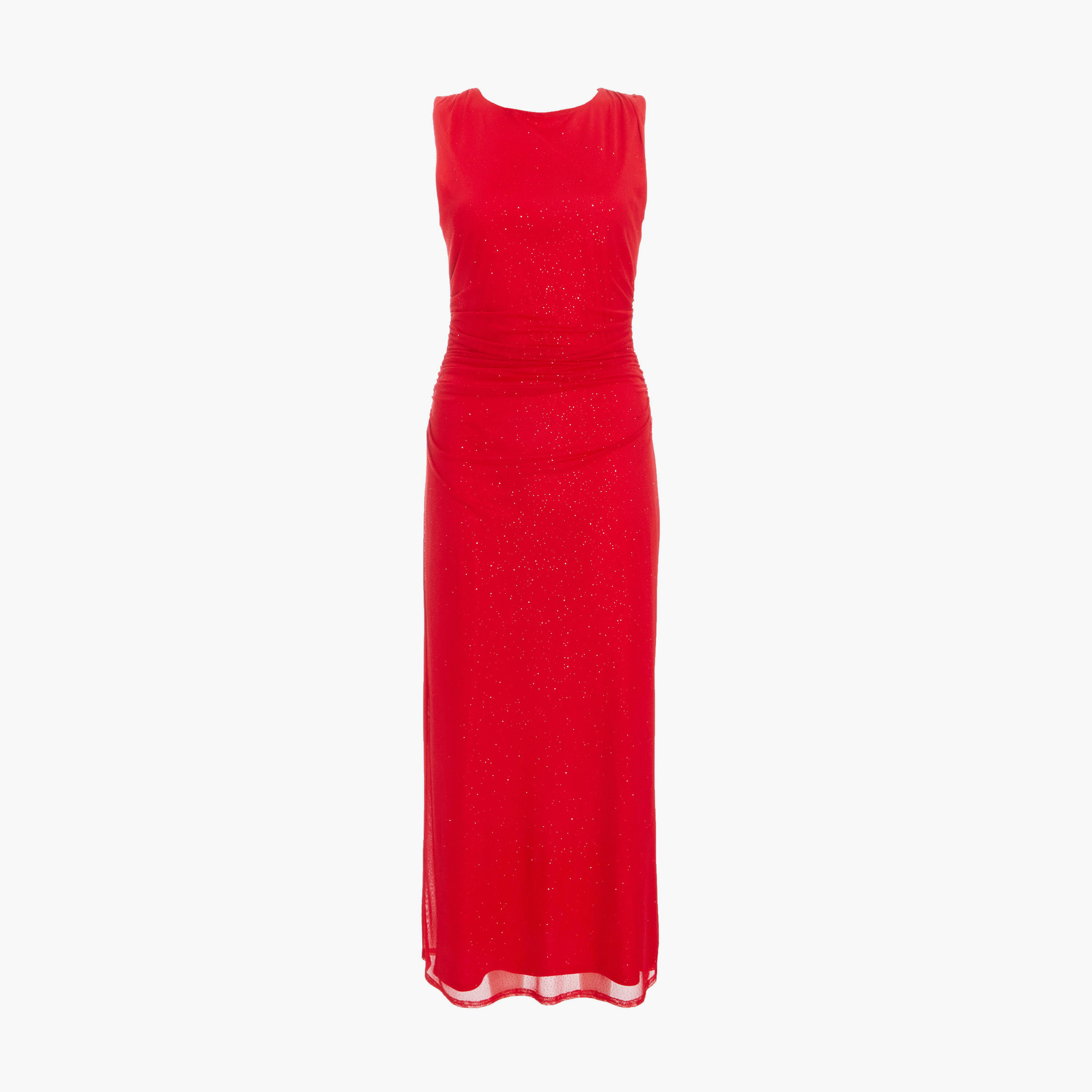 كويز-  فستان ميداكسي أحمر لامع من القماش الشبكي برقبة على شكل قارب-women-clothing-dresses-image-5