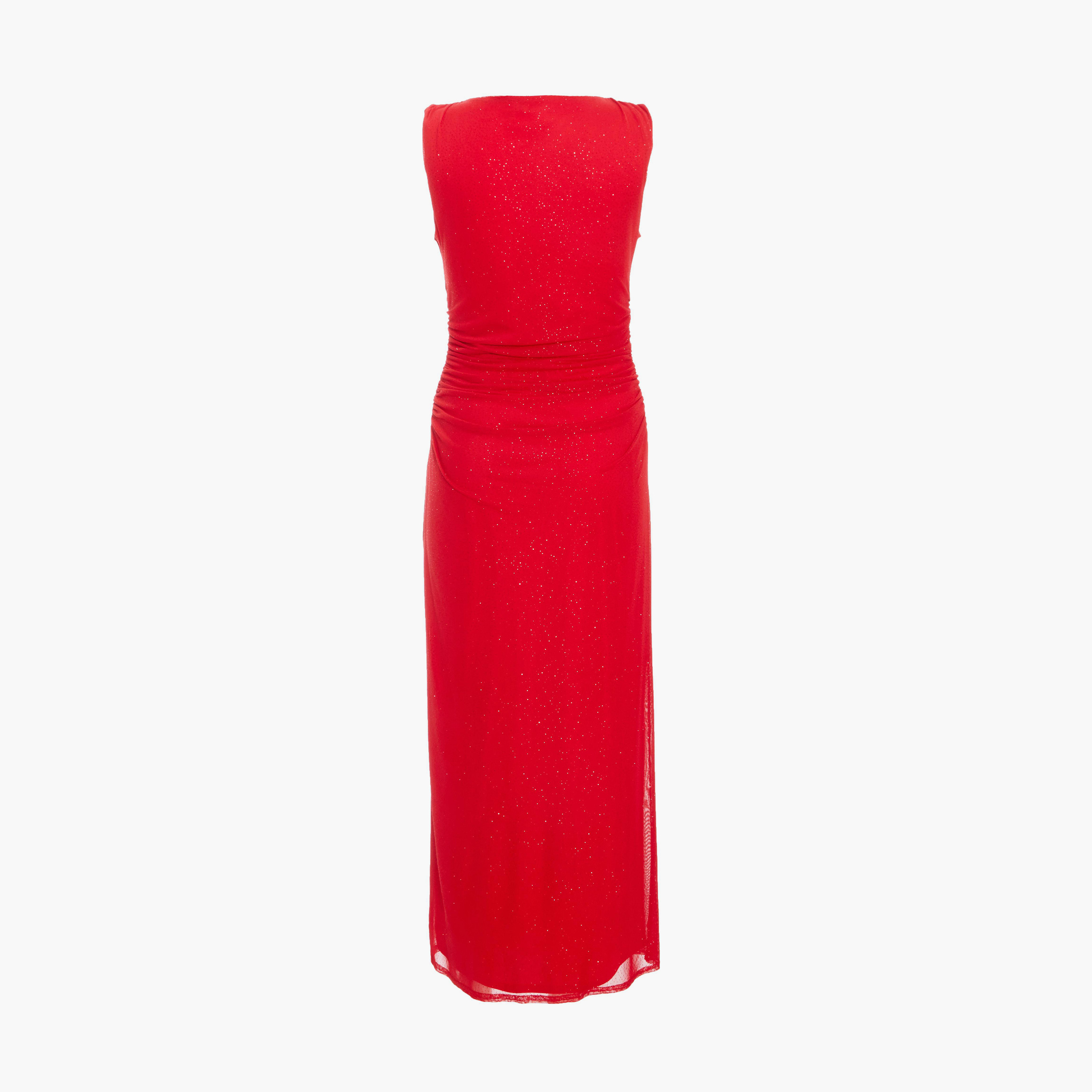كويز-  فستان ميداكسي أحمر لامع من القماش الشبكي برقبة على شكل قارب-women-clothing-dresses-image-6