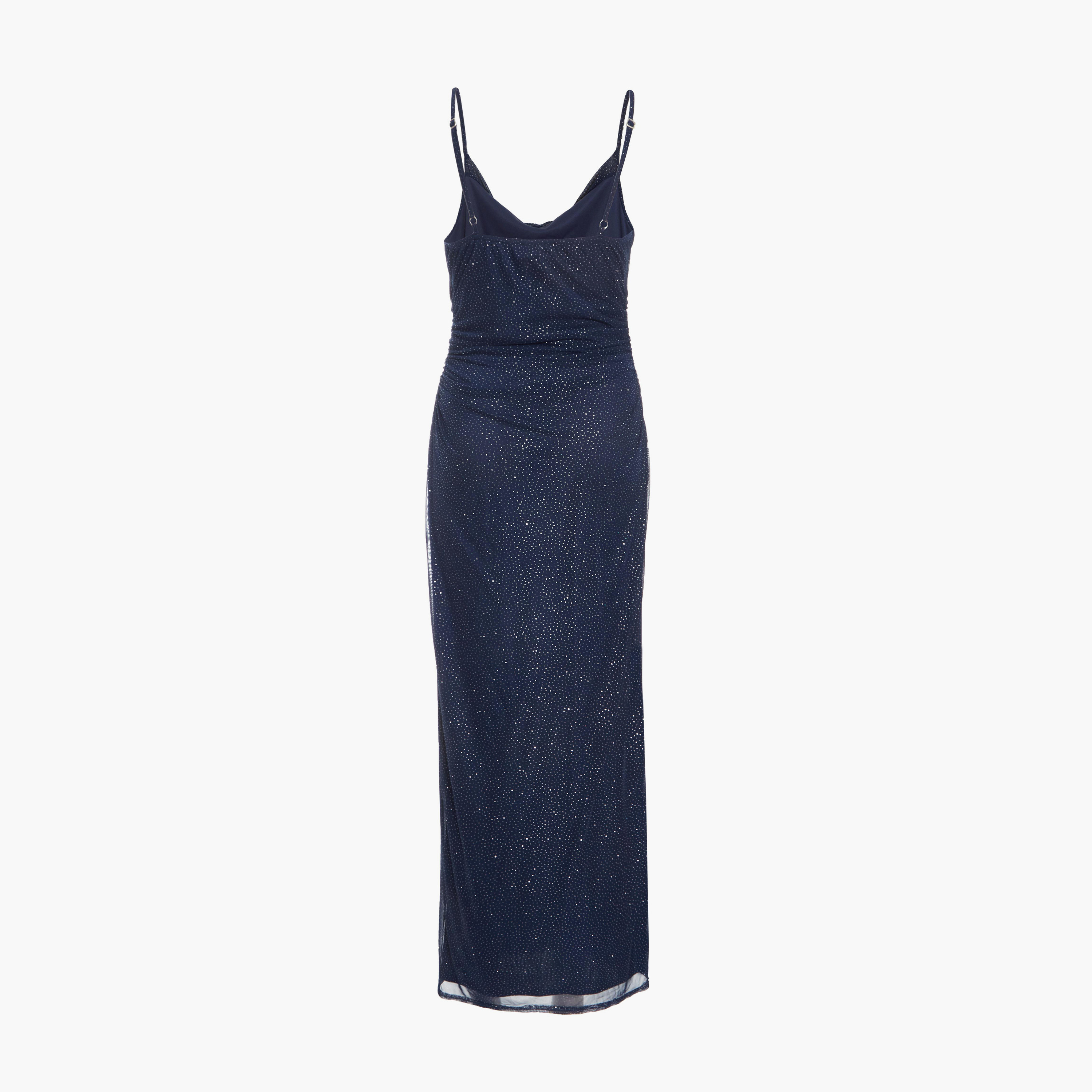 كويز-  فستان ميداكسي (بطول متوسط) أزرق داكن بقماش شبكي لامع بياقة منخفضة-women-clothing-dresses-image-6