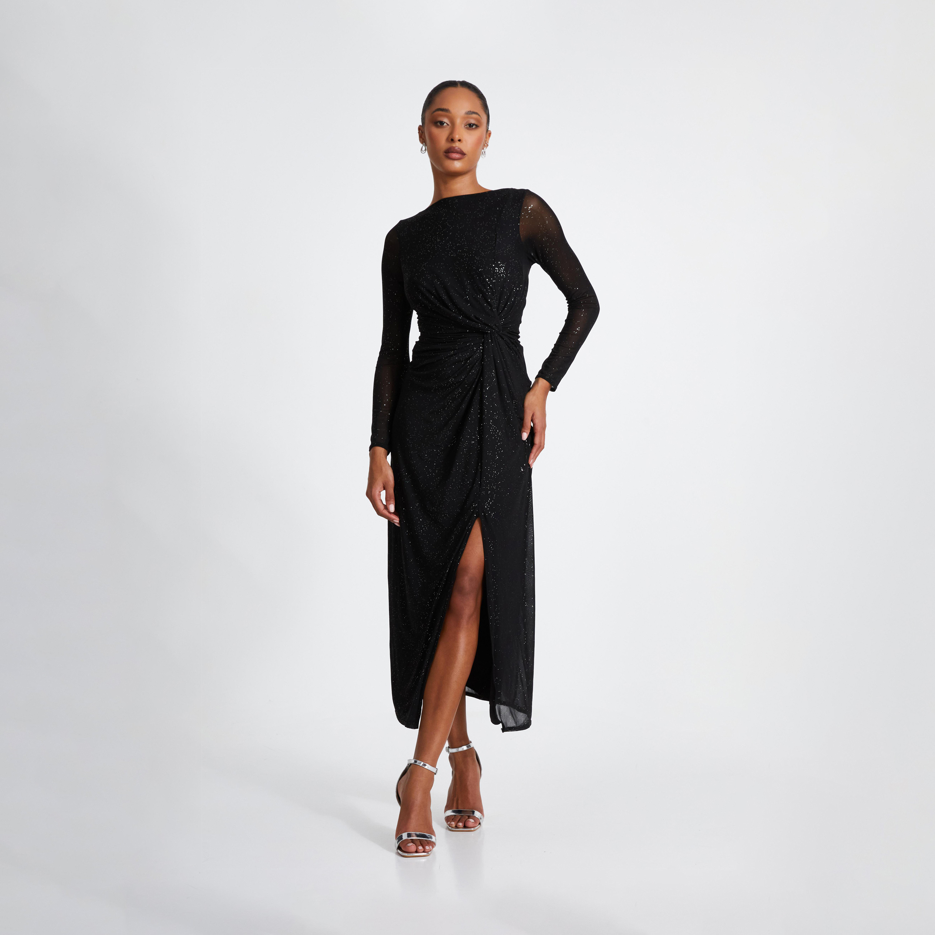 Quiz Glitter Mesh Knot Front Midaxi Evening Dress-women-clothing-dresses-image-1