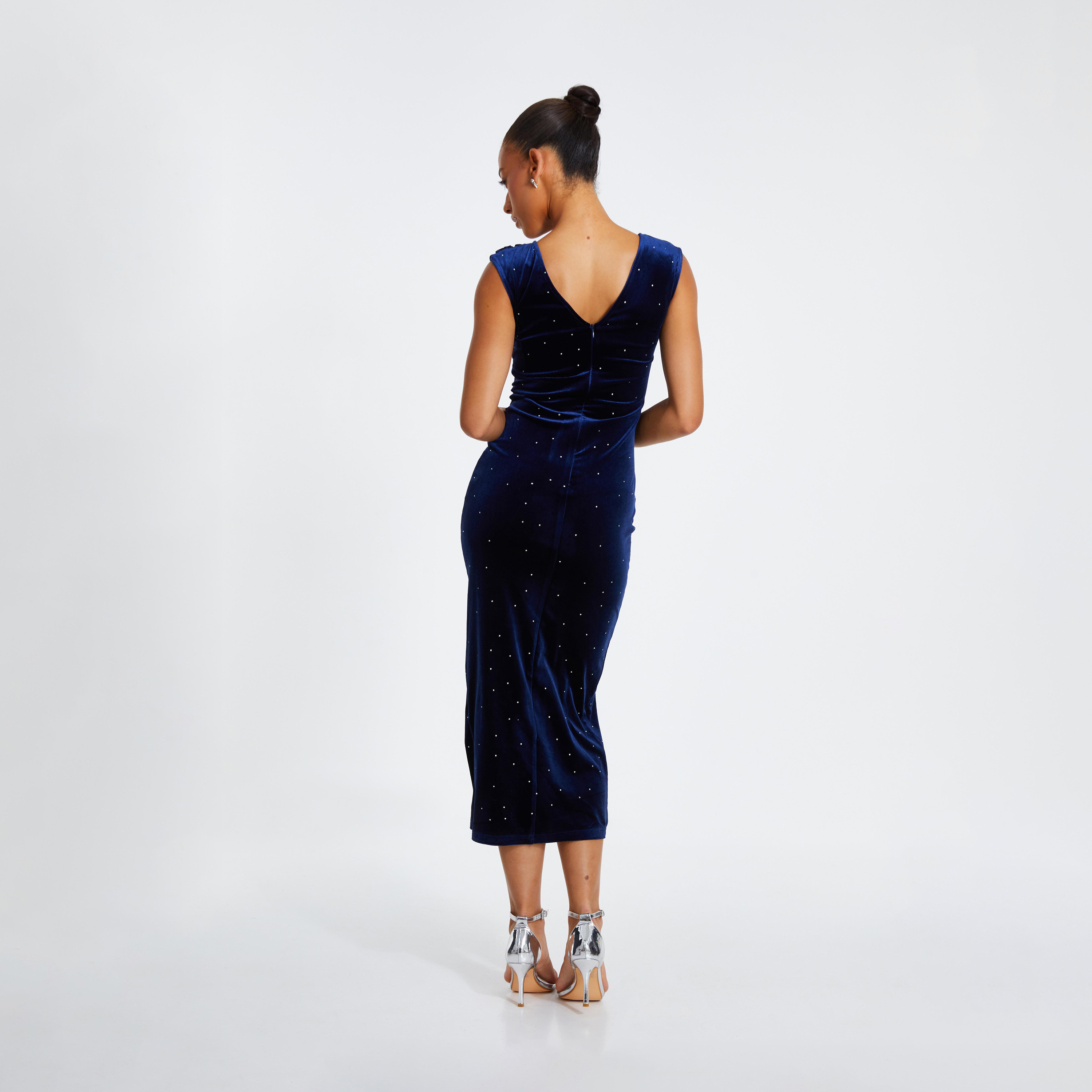 Quiz Navy Studded Velvet Short Sleeve Midi Evening Dress-women-clothing-dresses-image-2