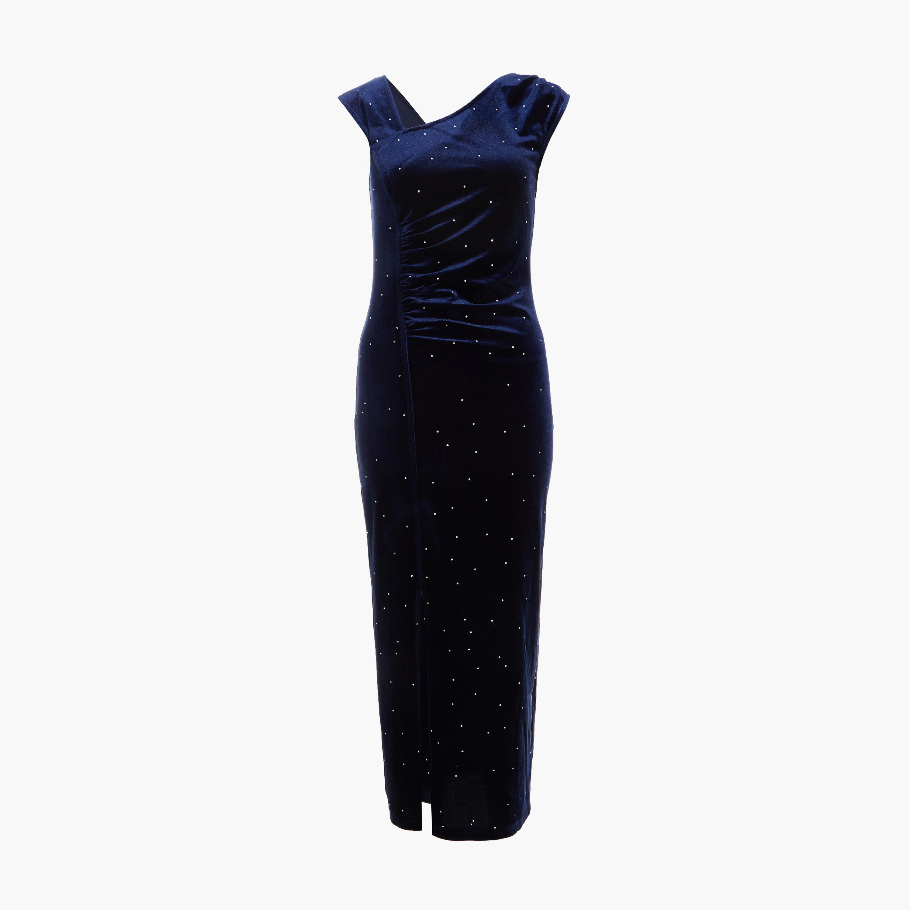 Quiz Navy Studded Velvet Short Sleeve Midi Evening Dress-women-clothing-dresses-image-5